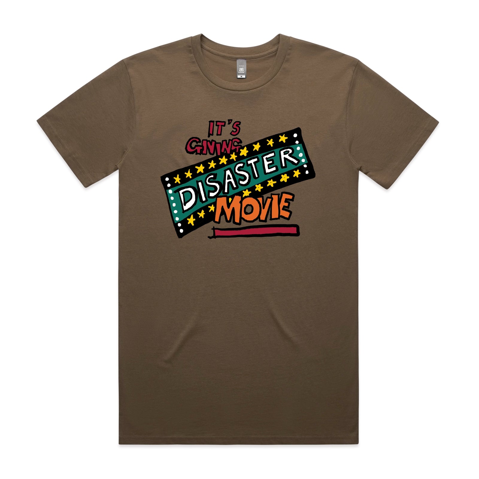 Walnut unisex t-shirt with Disaster Movie graphic by Lonely Kids Club