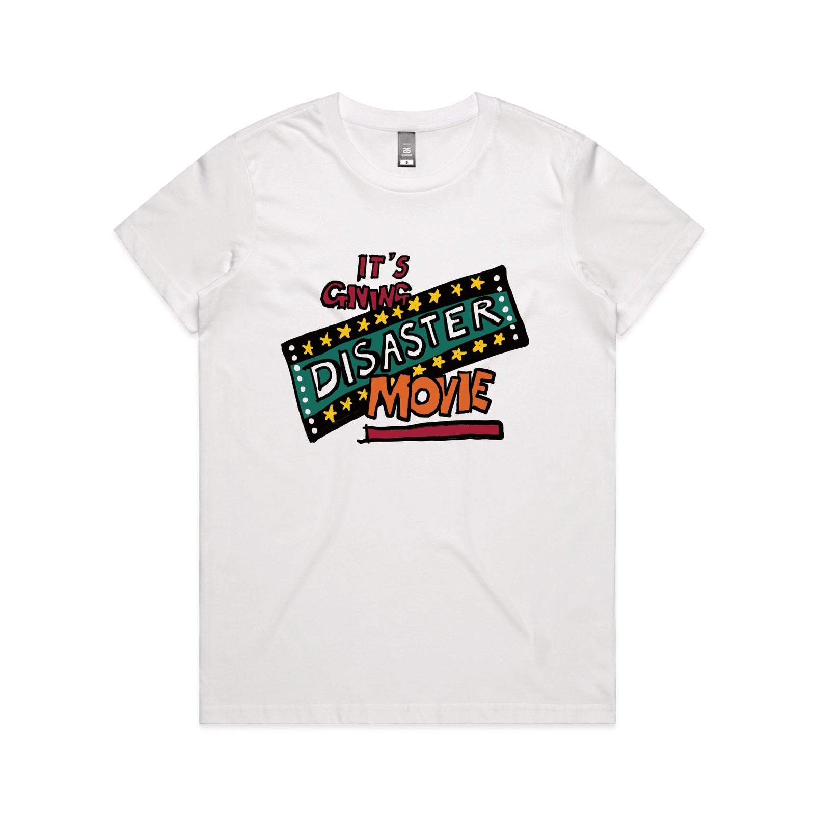 White fitted womens t-shirt with Disaster Movie graphic by Lonely Kids Club