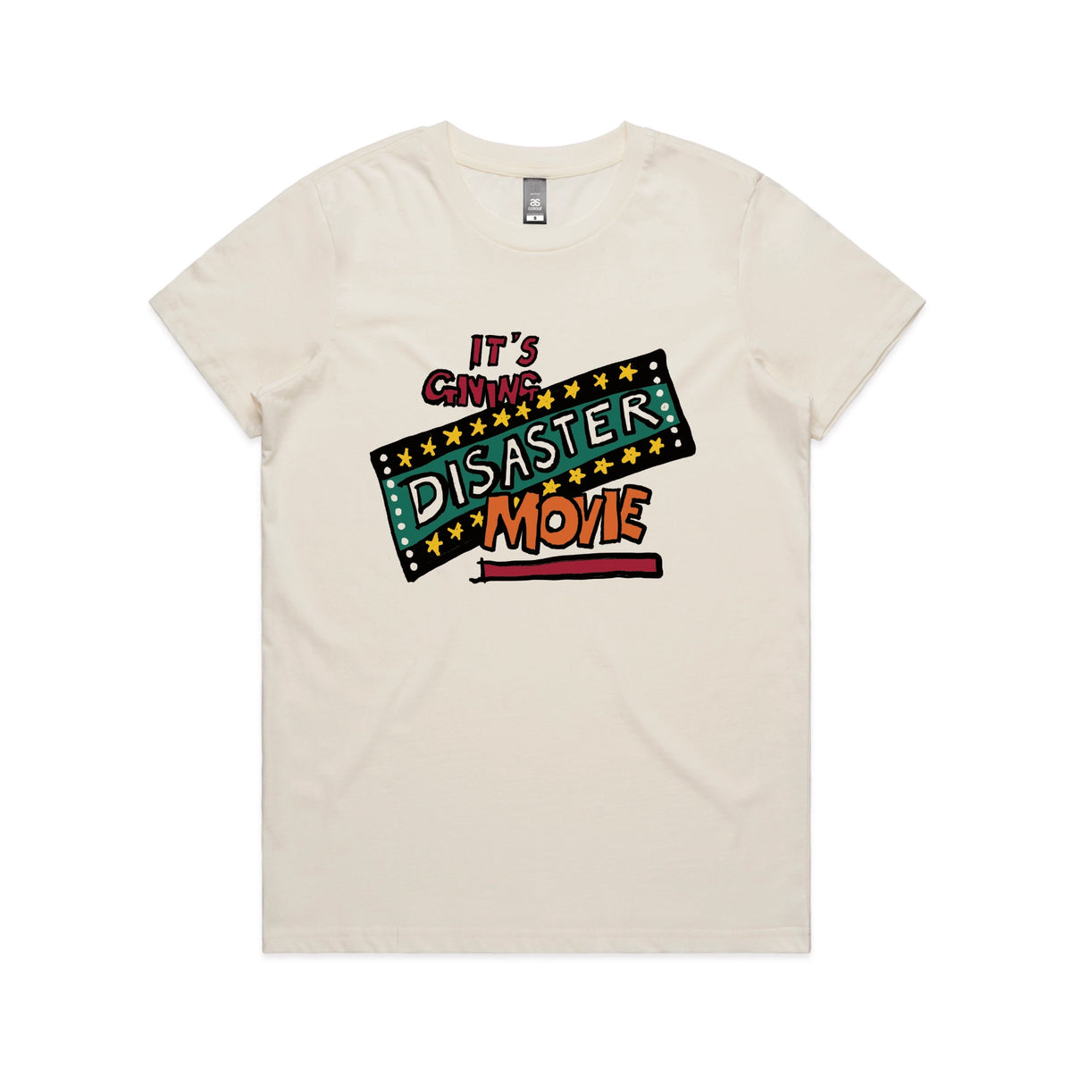 Ecru fitted womens t-shirt with Disaster Movie graphic by Lonely Kids Club