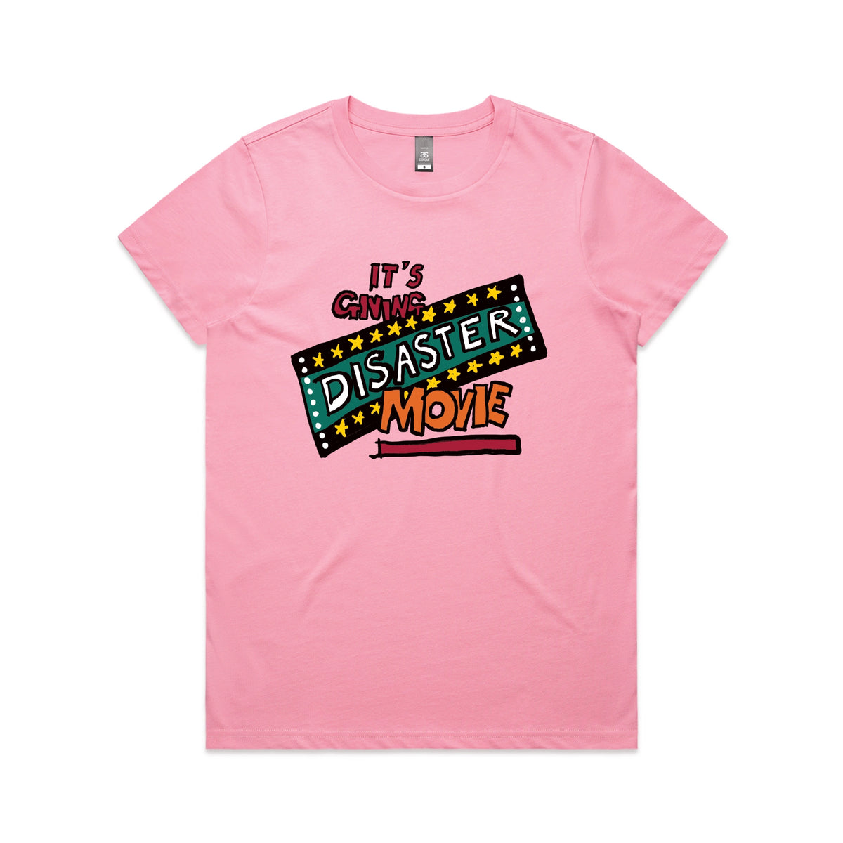 Bubblegum fitted womens t-shirt with Disaster Movie graphic by Lonely Kids Club