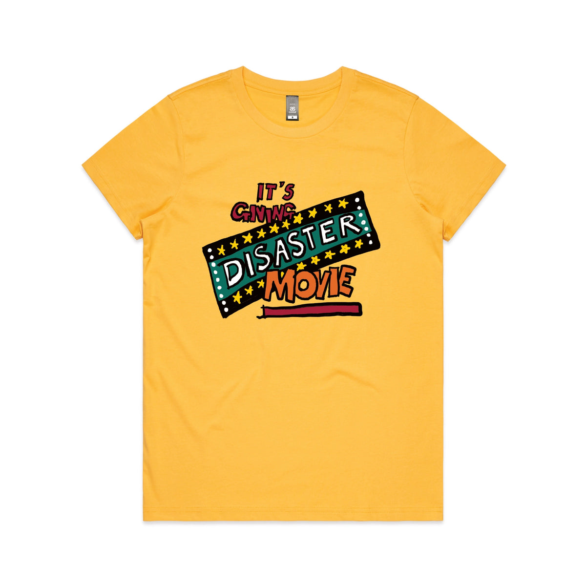 Yellow fitted womens t-shirt with Disaster Movie graphic by Lonely Kids Club
