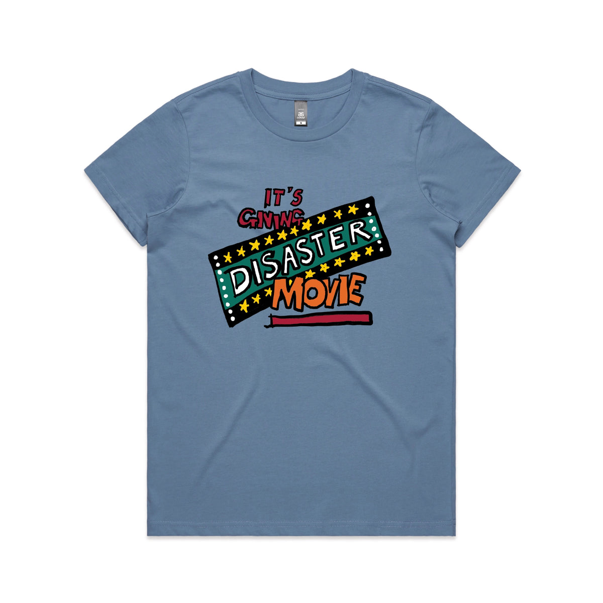 Carolina Blue fitted womens t-shirt with Disaster Movie graphic by Lonely Kids Club