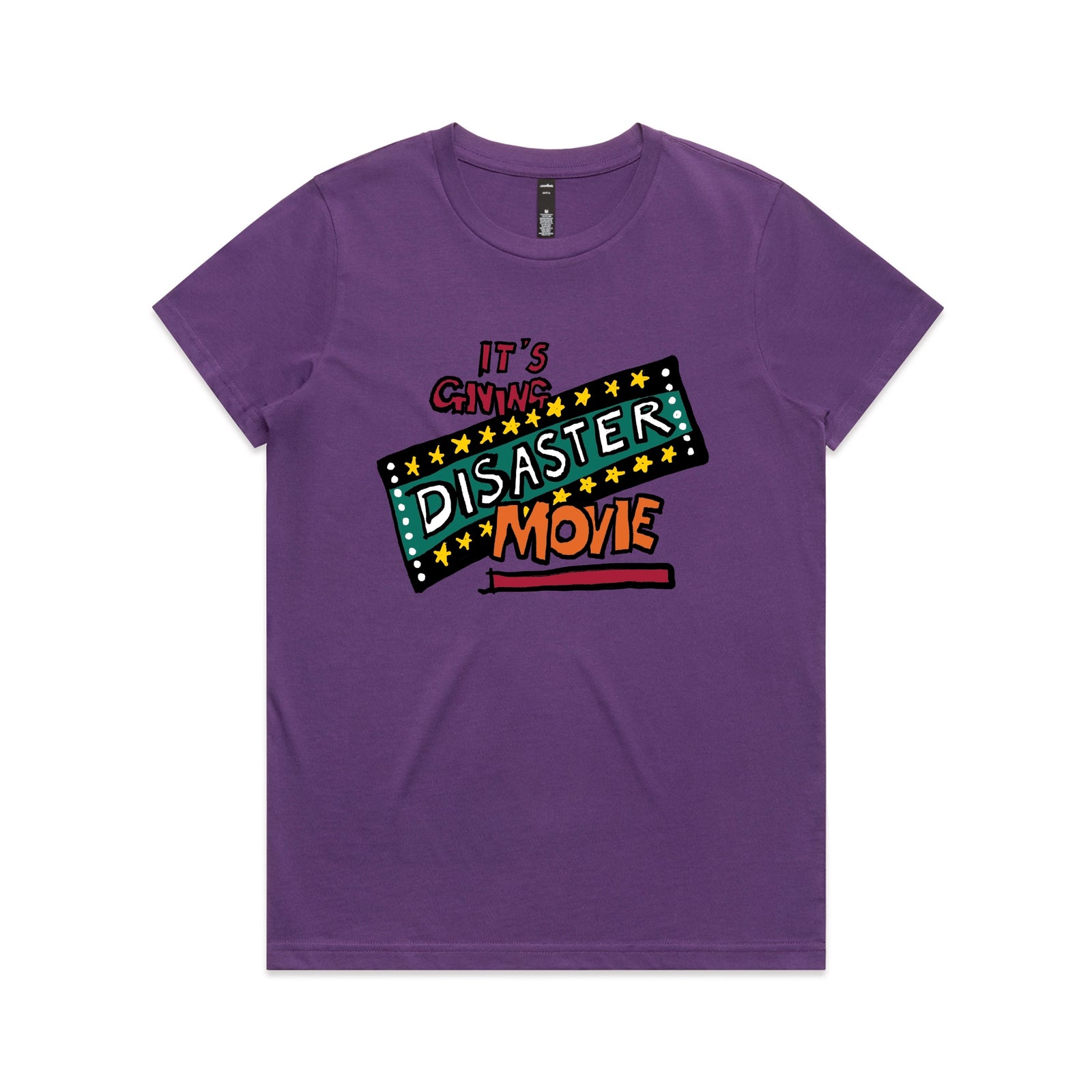 Purple fitted womens t-shirt with Disaster Movie graphic by Lonely Kids Club