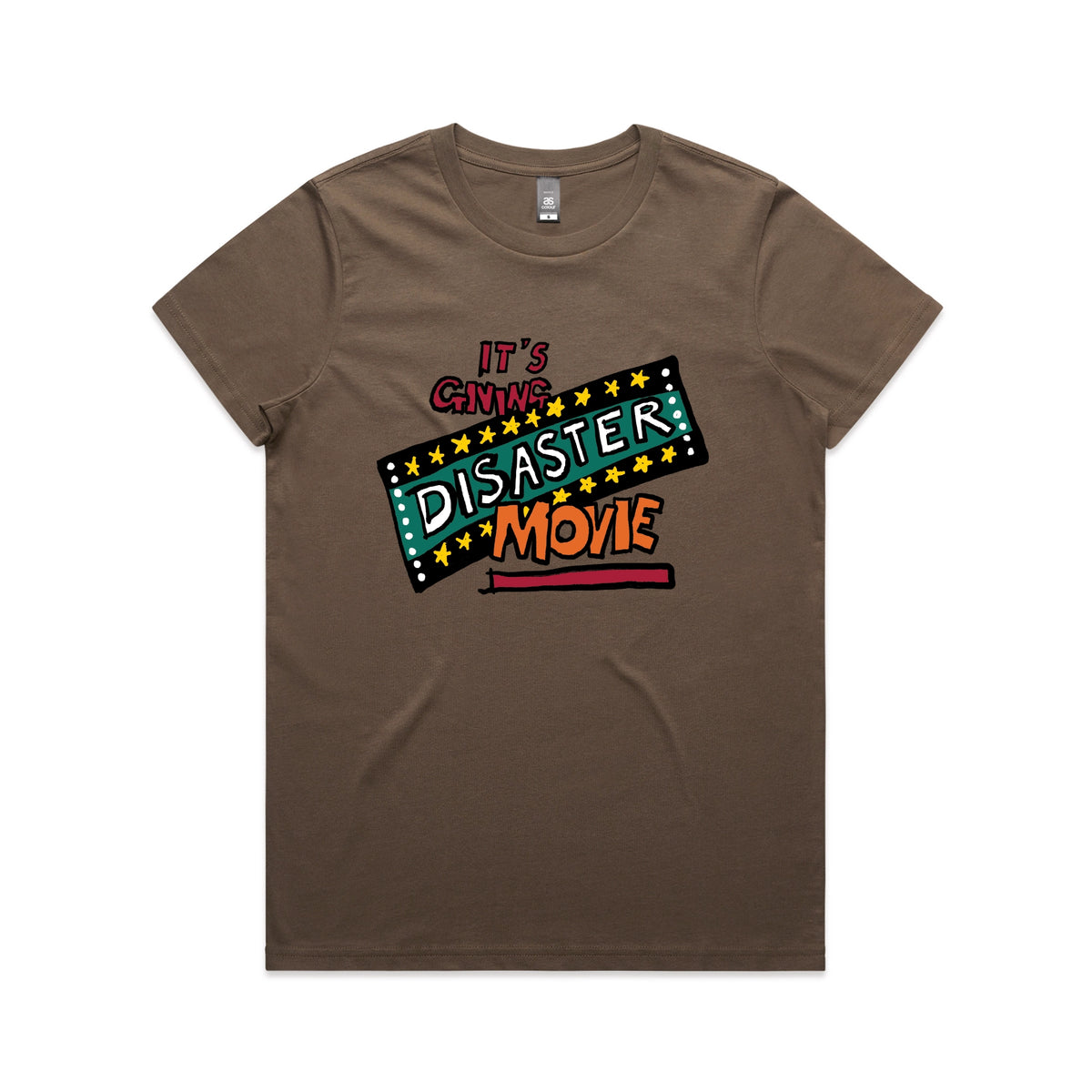 Walnut fitted womens t-shirt with Disaster Movie graphic by Lonely Kids Club