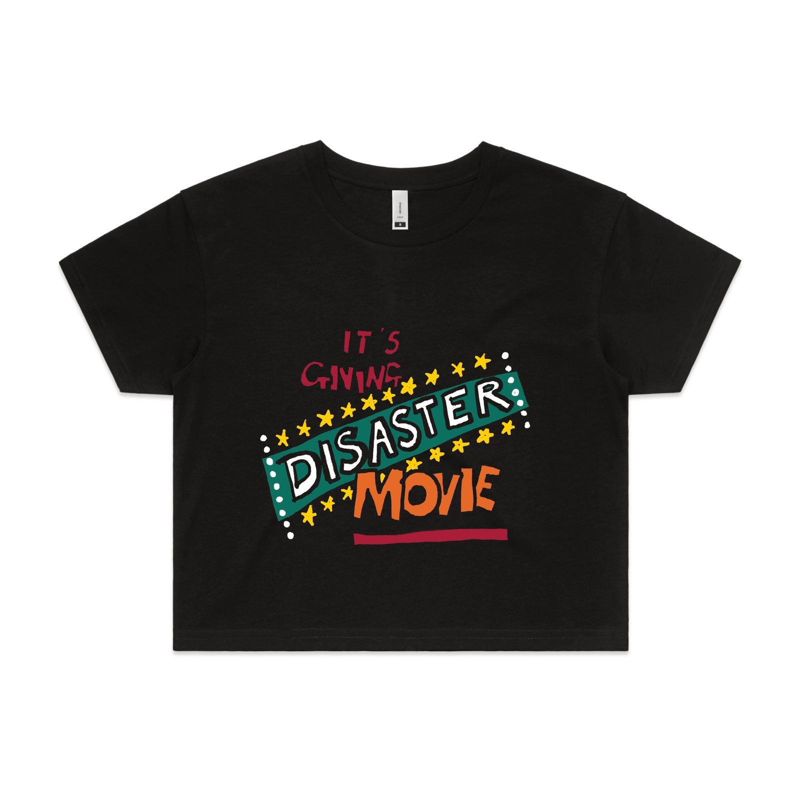 Black crop top with Disaster Movie graphic by Lonely Kids Club