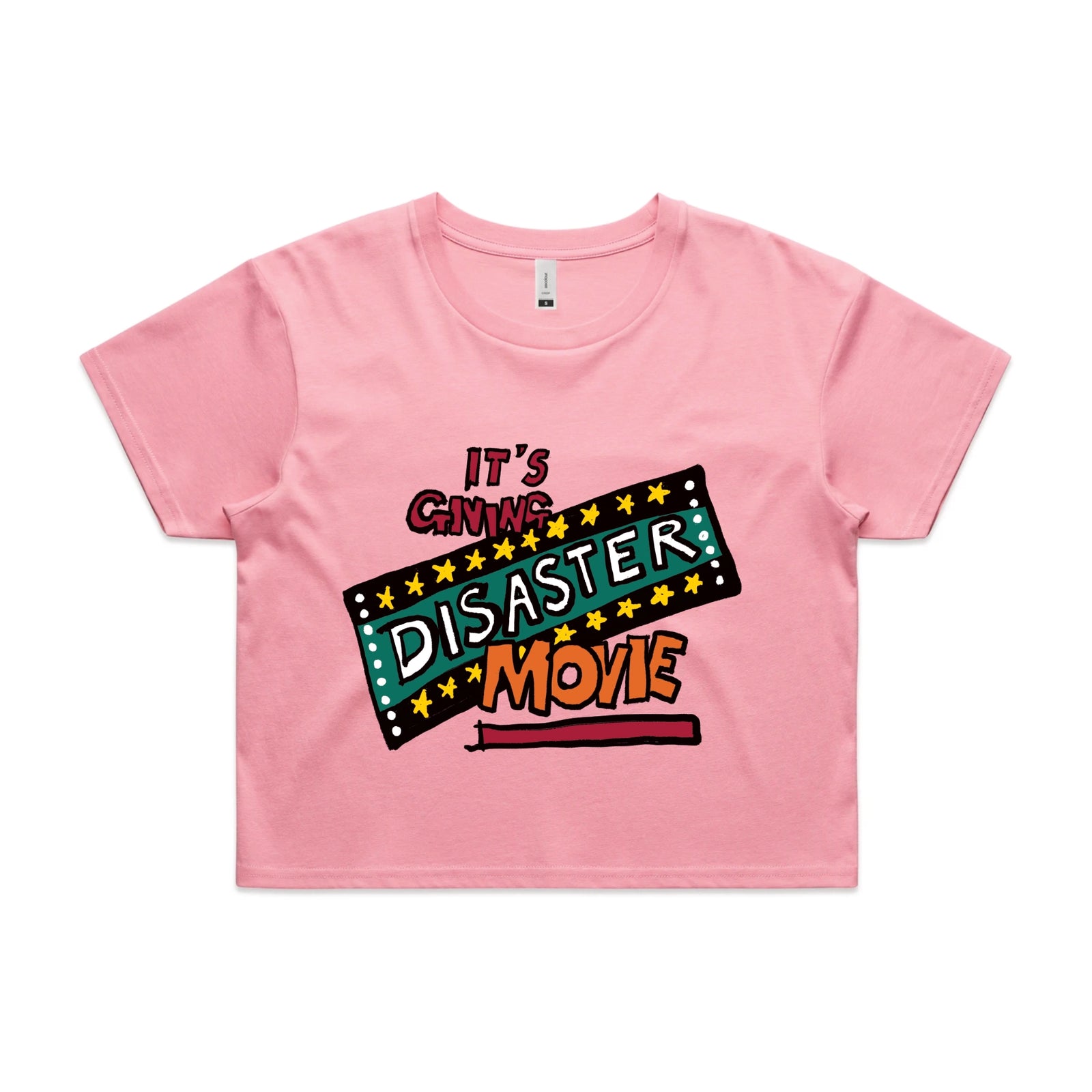 Bubblegum crop top with Disaster Movie graphic by Lonely Kids Club