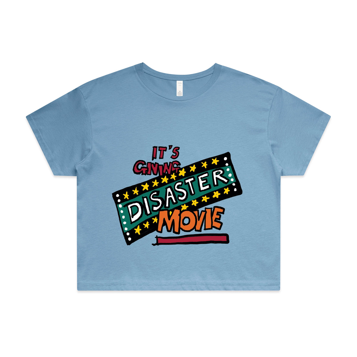 Carolina Blue crop top with Disaster Movie graphic by Lonely Kids Club