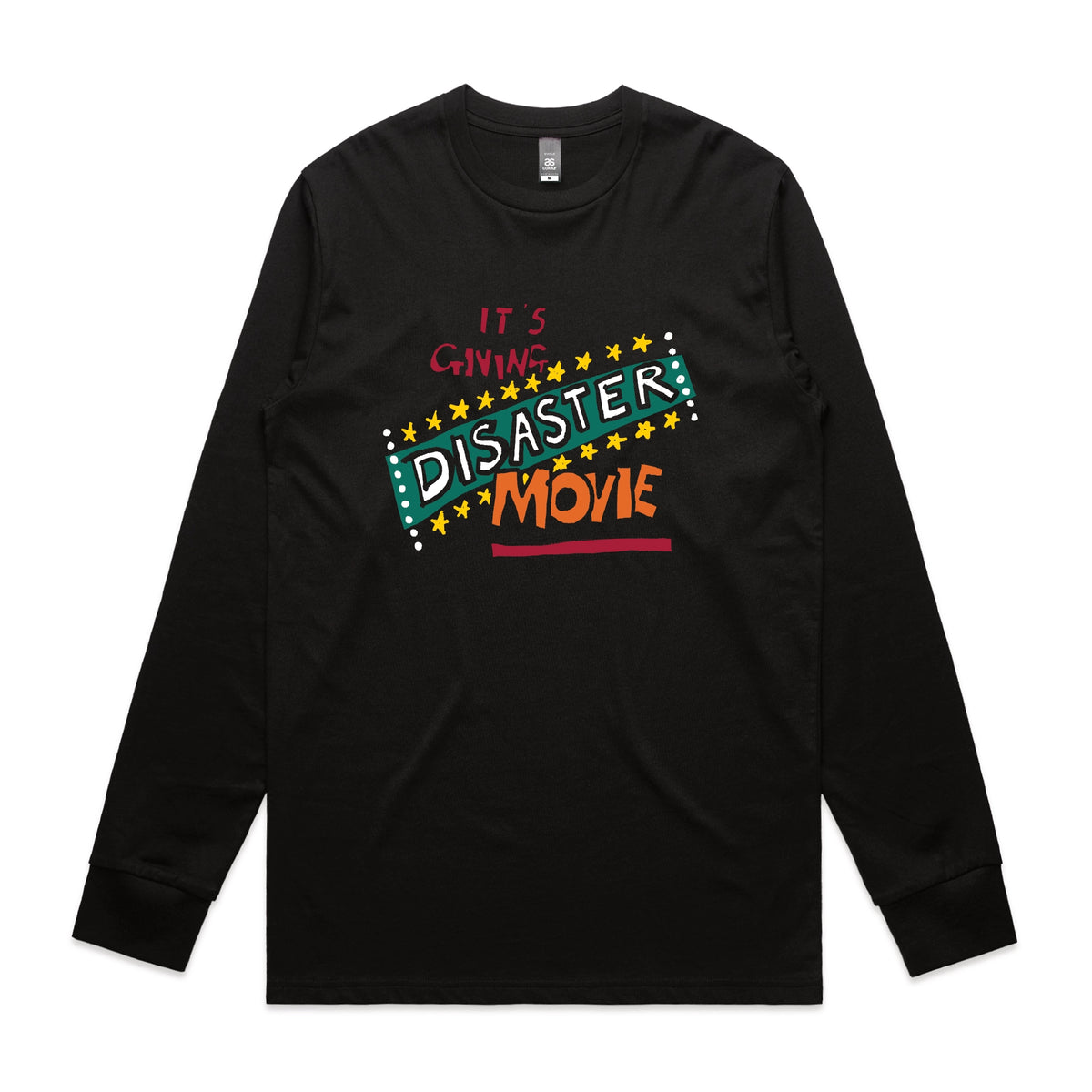Black long sleeve t-shirt with Disaster Movie graphic by Lonely Kids Club
