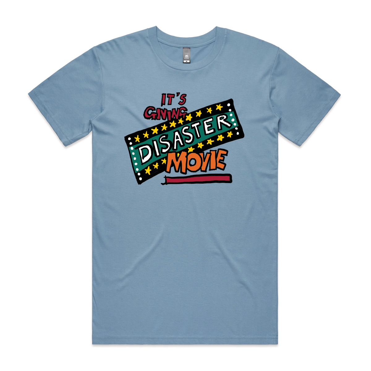 Carolina Blue unisex t-shirt with Disaster Movie graphic by Lonely Kids Club