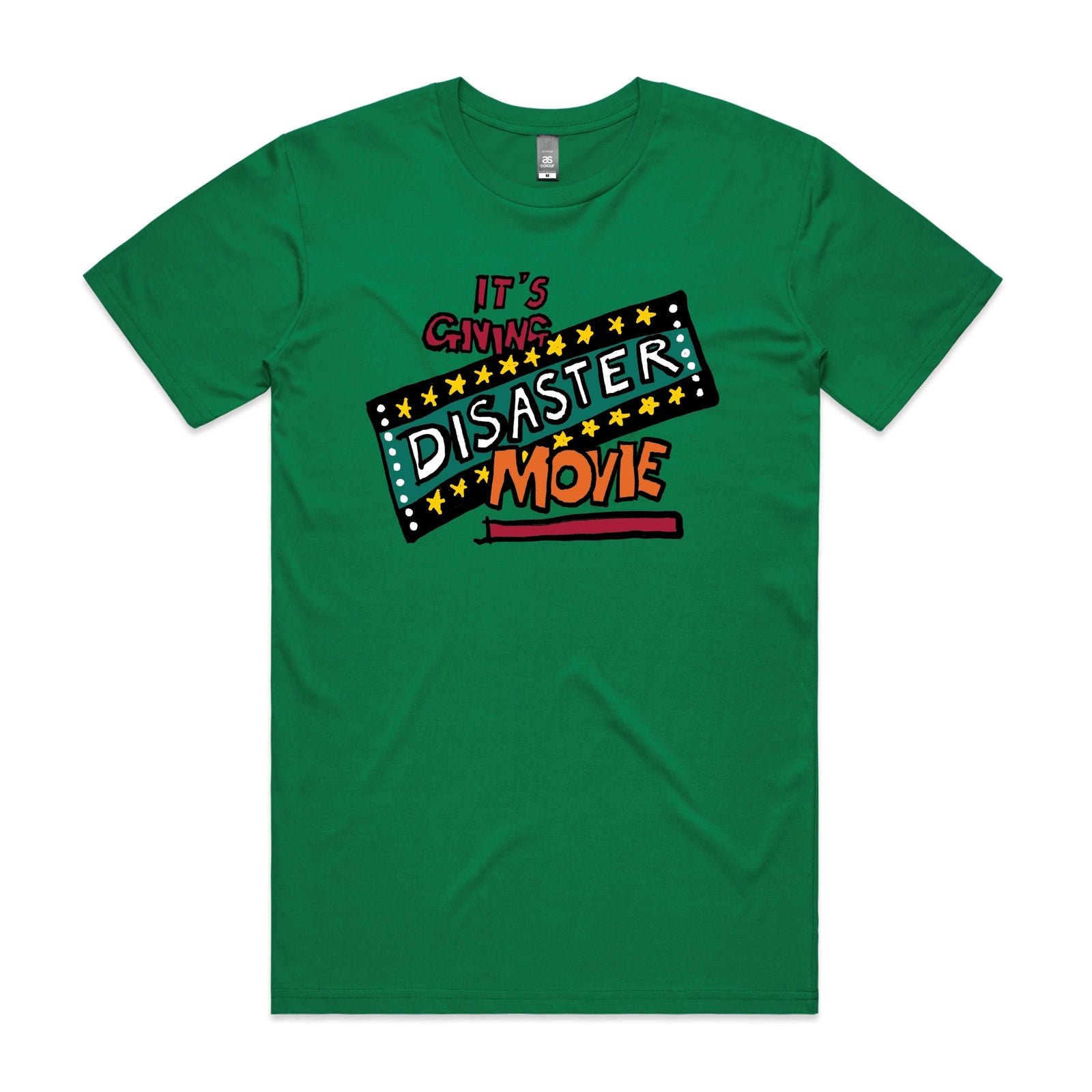 Green unisex t-shirt with Disaster Movie graphic by Lonely Kids Club