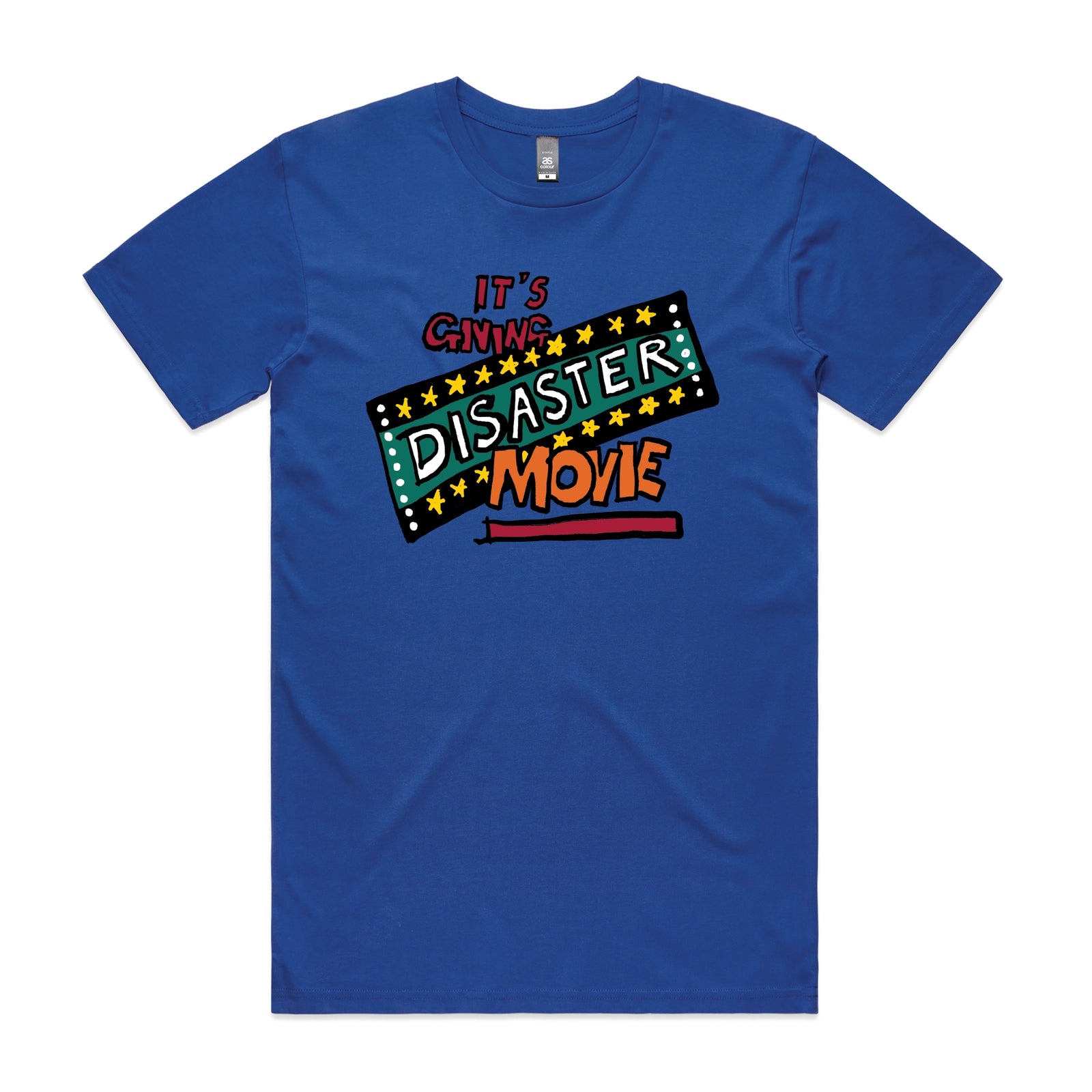 Royal Blue unisex t-shirt with Disaster Movie graphic by Lonely Kids Club