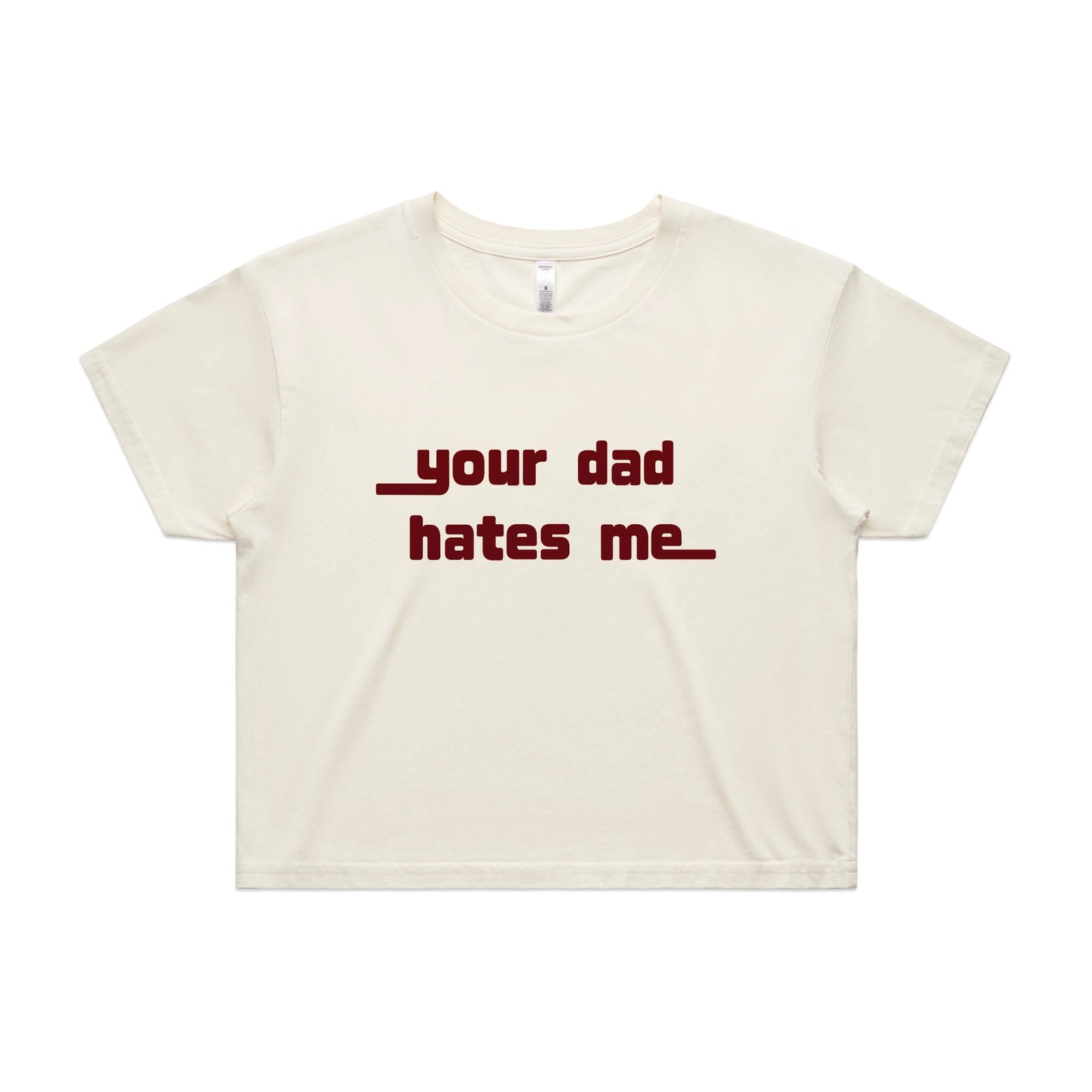 Ecru crop top with Your Dad Hates Me graphic by Lonely Kids Club