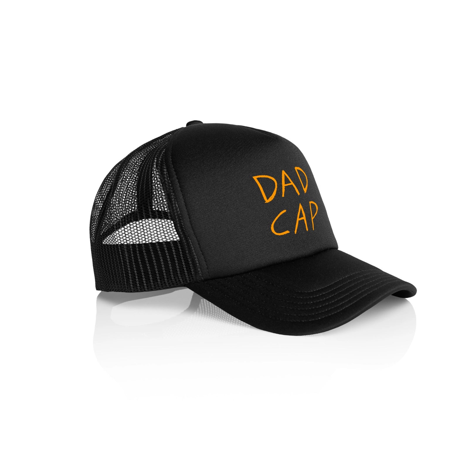 Black trucker hat with Dad Cap graphic by Lonely Kids Club