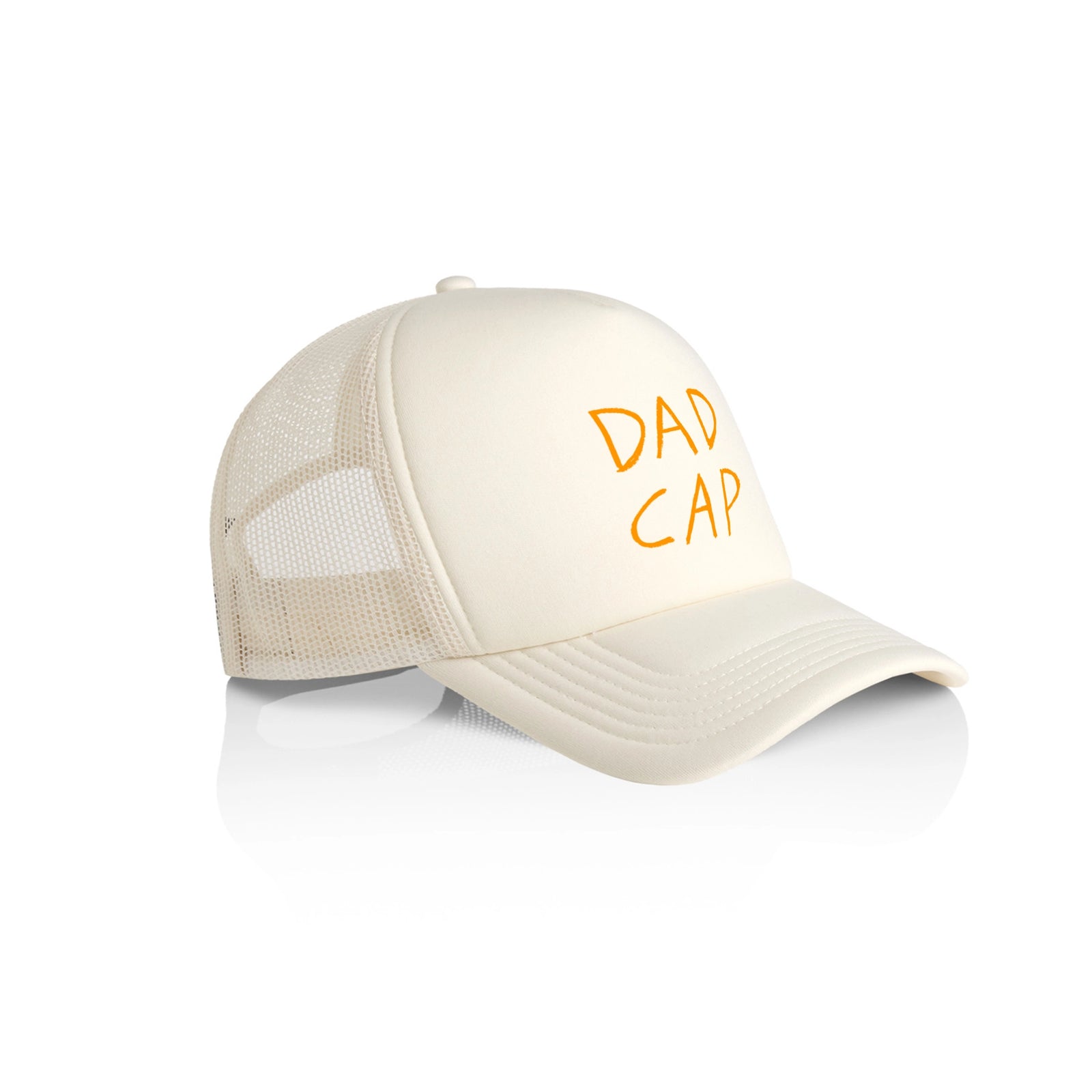 Ecru trucker hat with Dad Cap graphic by Lonely Kids Club