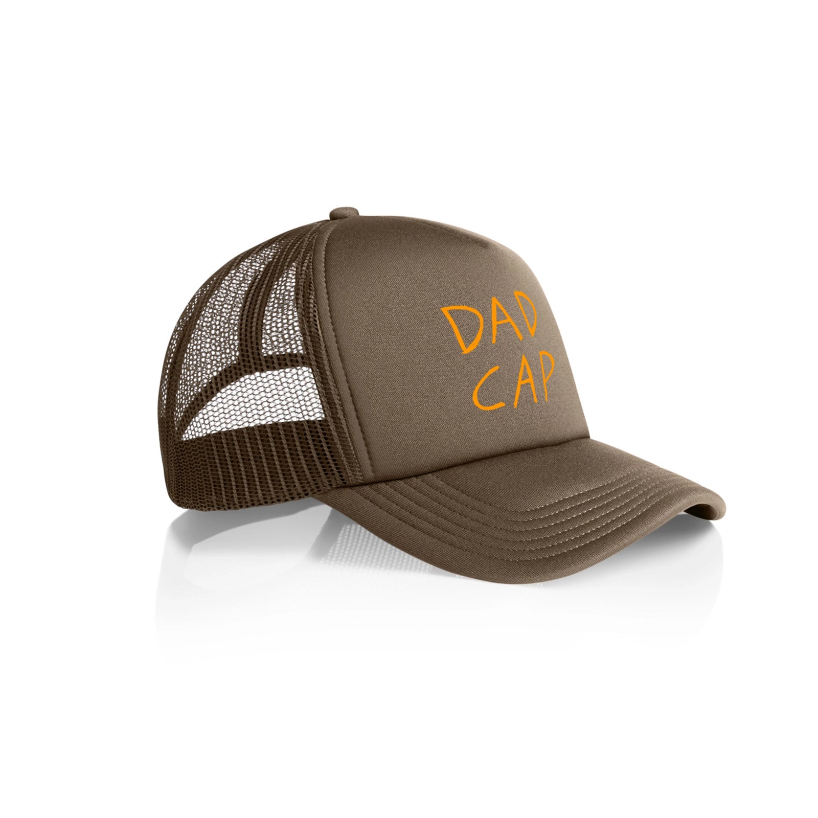 Walnut trucker hat with Dad Cap graphic by Lonely Kids Club