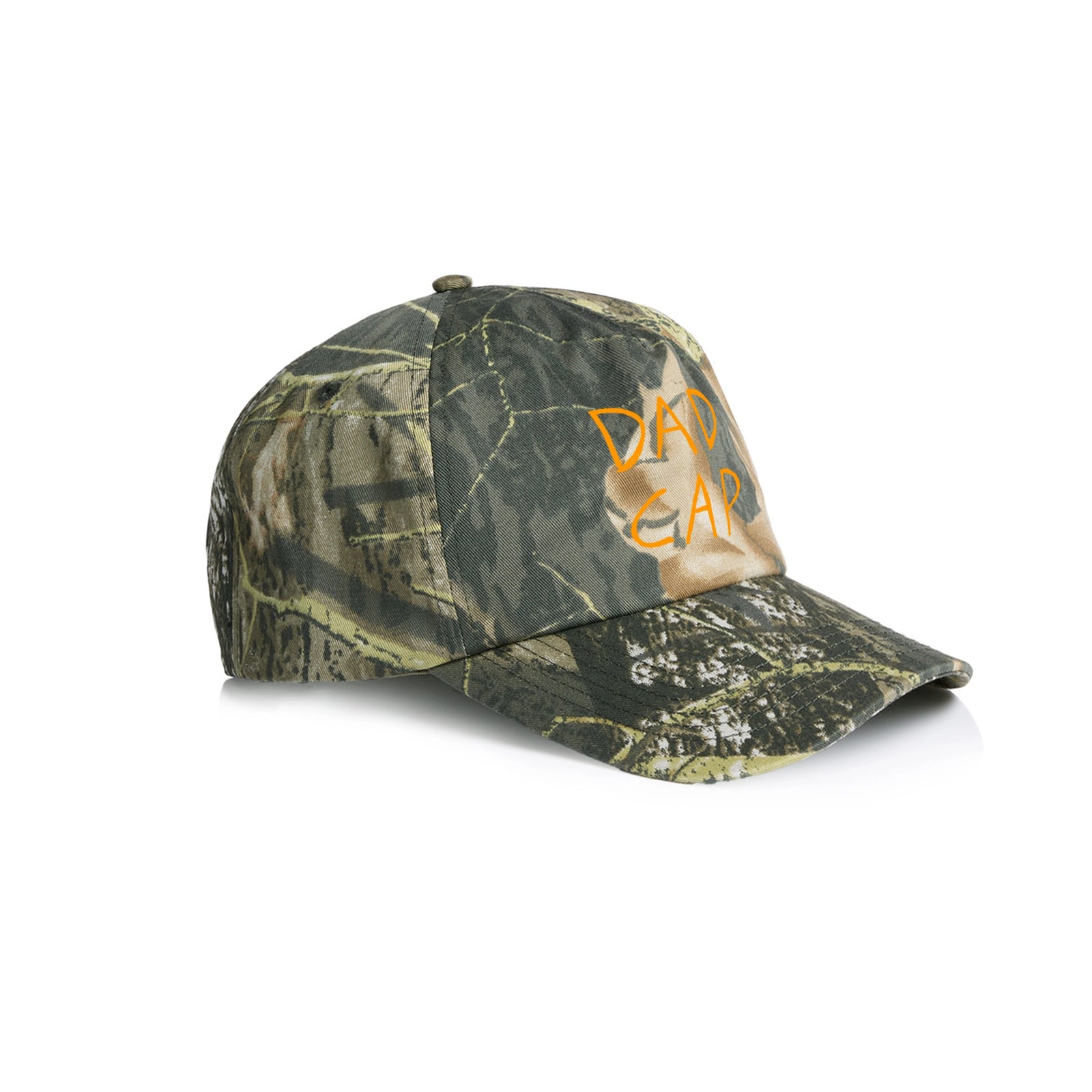 Camouflage trucker hat with Dad Cap graphic by Lonely Kids Club
