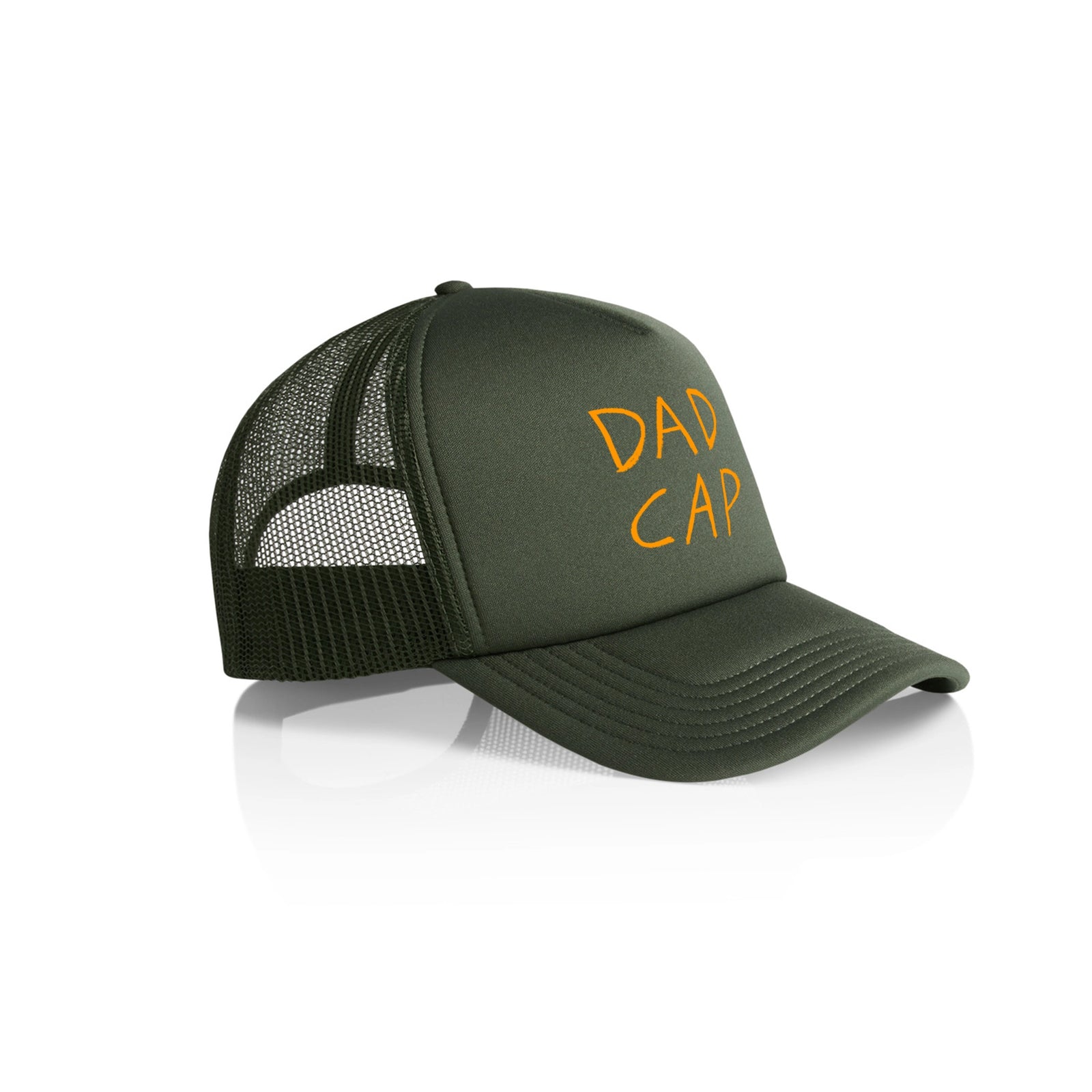Army Green trucker hat with Dad Cap graphic by Lonely Kids Club