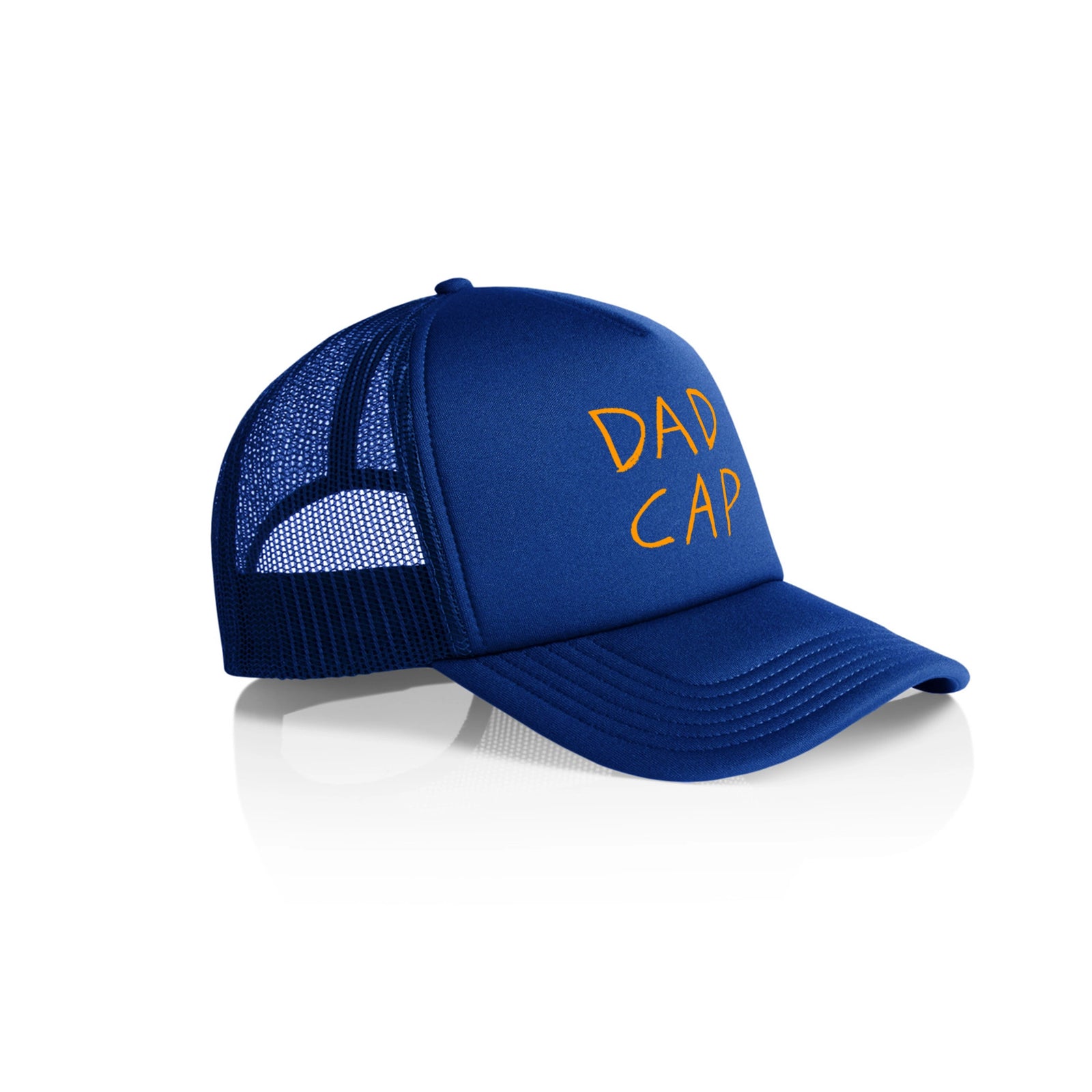Royal Blue trucker hat with Dad Cap graphic by Lonely Kids Club