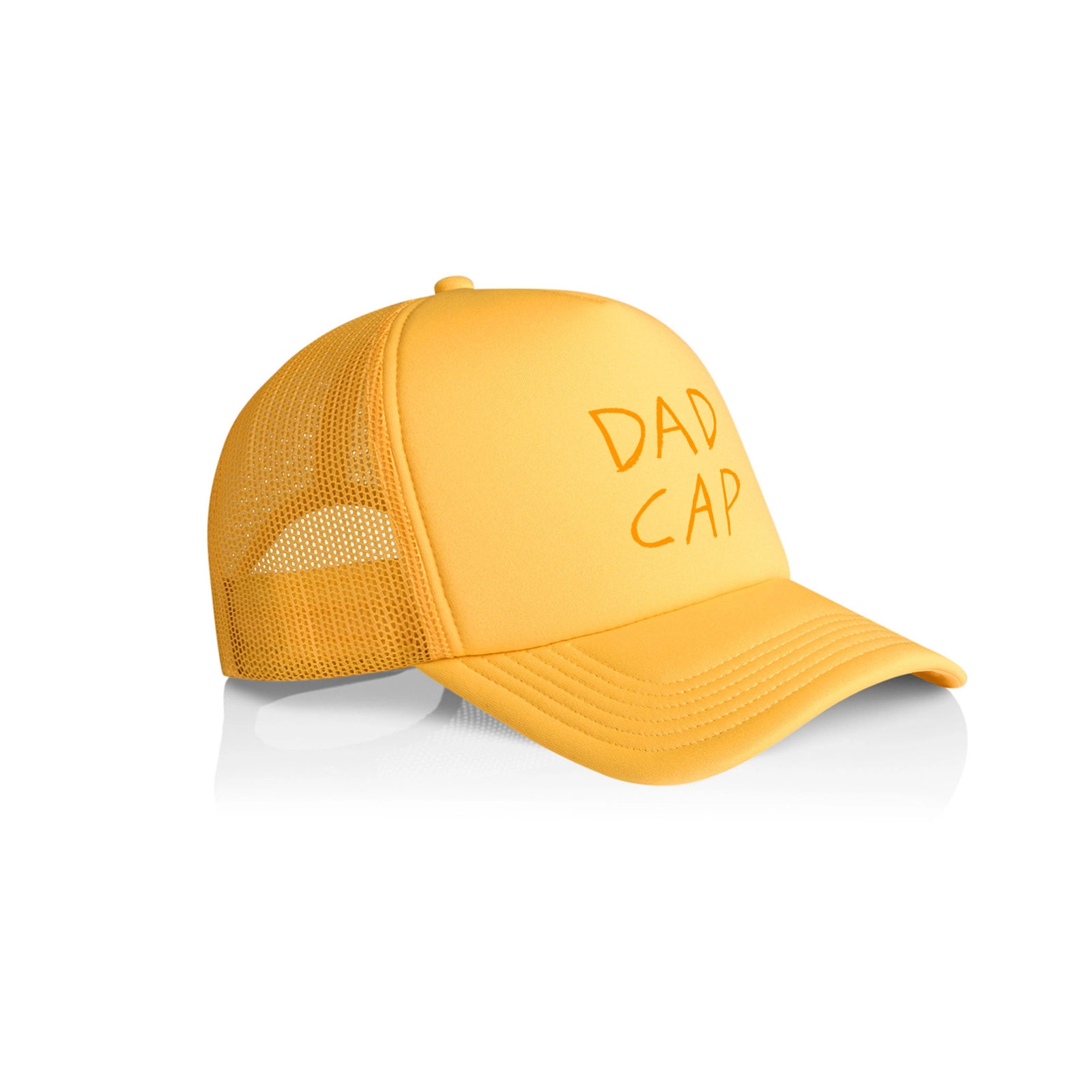 Yellow trucker hat with Dad Cap graphic by Lonely Kids Club