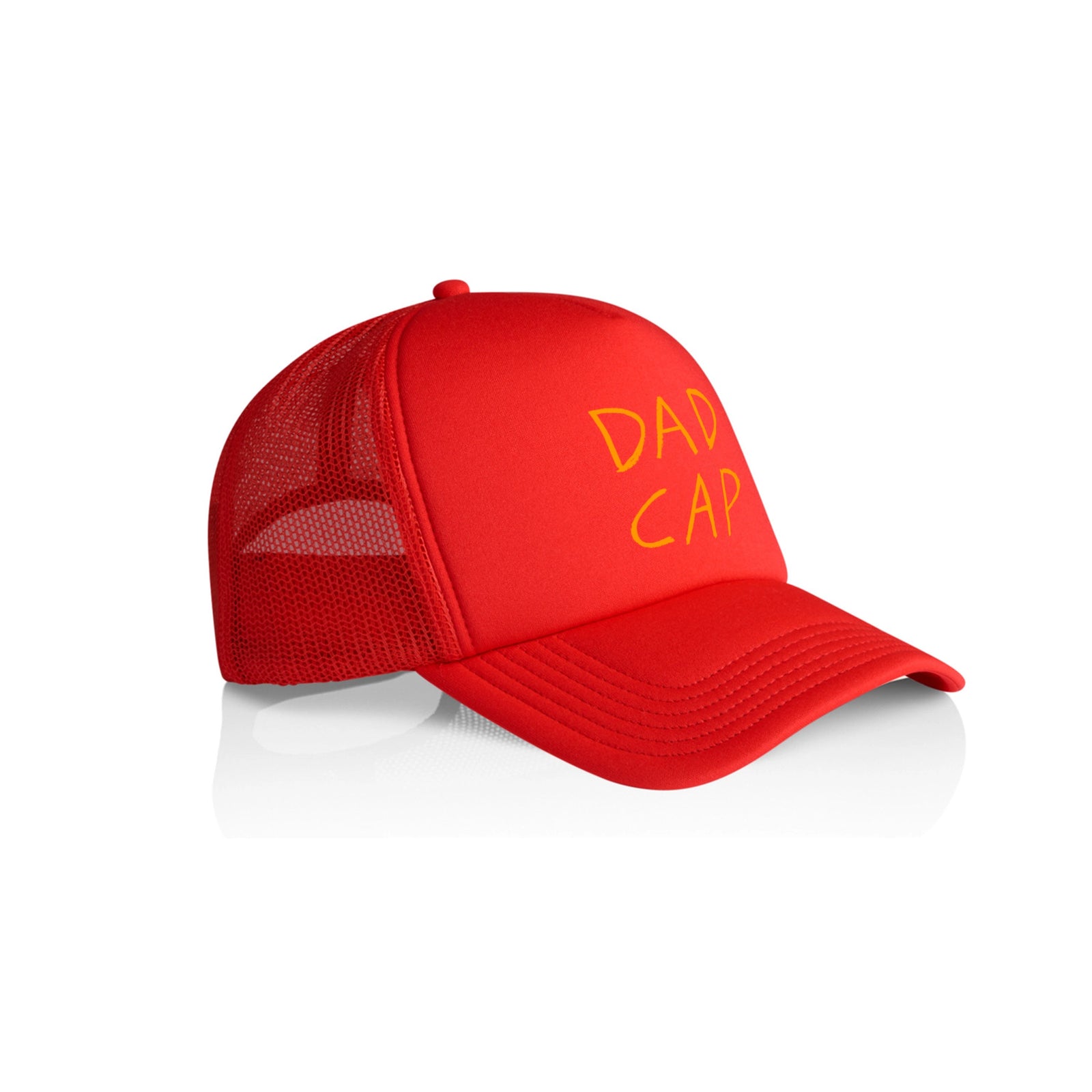 Red trucker hat with Dad Cap graphic by Lonely Kids Club