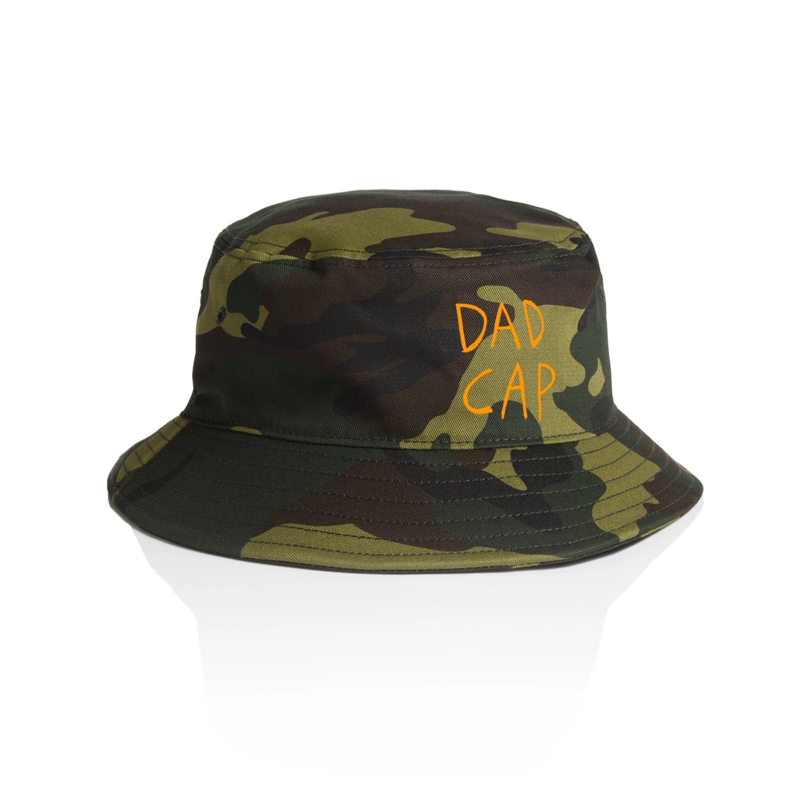 Camouflage bucket hat with Dad Cap graphic by Lonely Kids Club