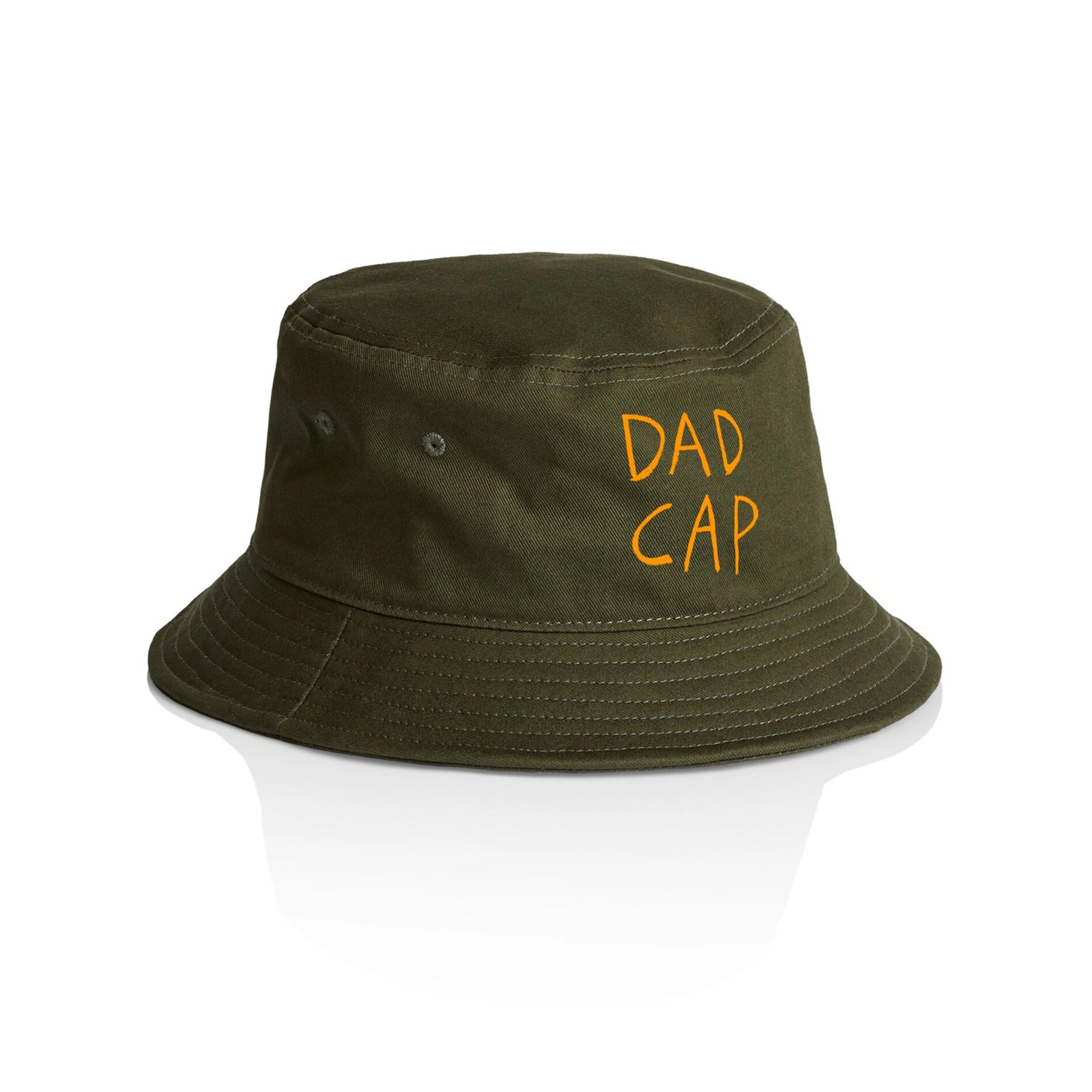 Army Green bucket hat with Dad Cap graphic by Lonely Kids Club