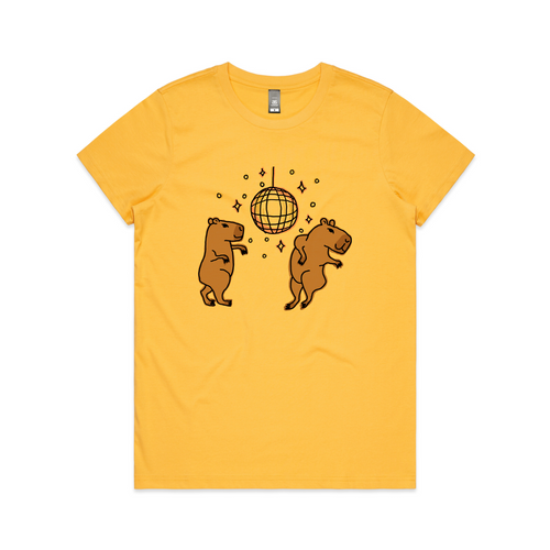 Dancing Capybaras Tee by Lonely Kids Club. All clothing from our T-shirts to our shorts and hoodies are ethically made, and printed packed and shipped from Sydney.