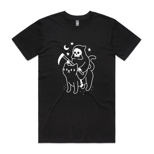 Death Rides A Cat Tee by Lonely Kids Club. All clothing from our T-shirts to our shorts and hoodies are ethically made, and printed packed and shipped from Sydney.