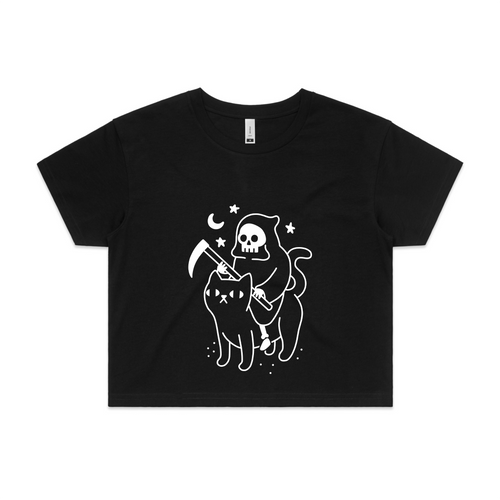 Death Rides A Cat Tee by Lonely Kids Club. All clothing from our T-shirts to our shorts and hoodies are ethically made, and printed packed and shipped from Sydney.