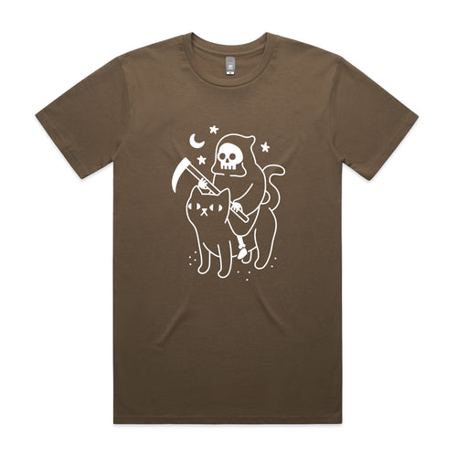 Death Rides A Cat Tee by Lonely Kids Club. All clothing from our T-shirts to our shorts and hoodies are ethically made, and printed packed and shipped from Sydney.
