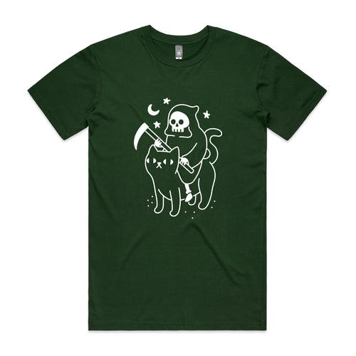 Death Rides A Cat Tee by Lonely Kids Club. All clothing from our T-shirts to our shorts and hoodies are ethically made, and printed packed and shipped from Sydney.