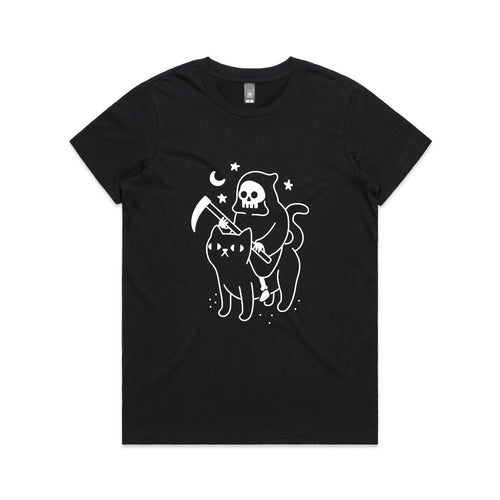 Death Rides A Cat Tee by Lonely Kids Club. All clothing from our T-shirts to our shorts and hoodies are ethically made, and printed packed and shipped from Sydney.