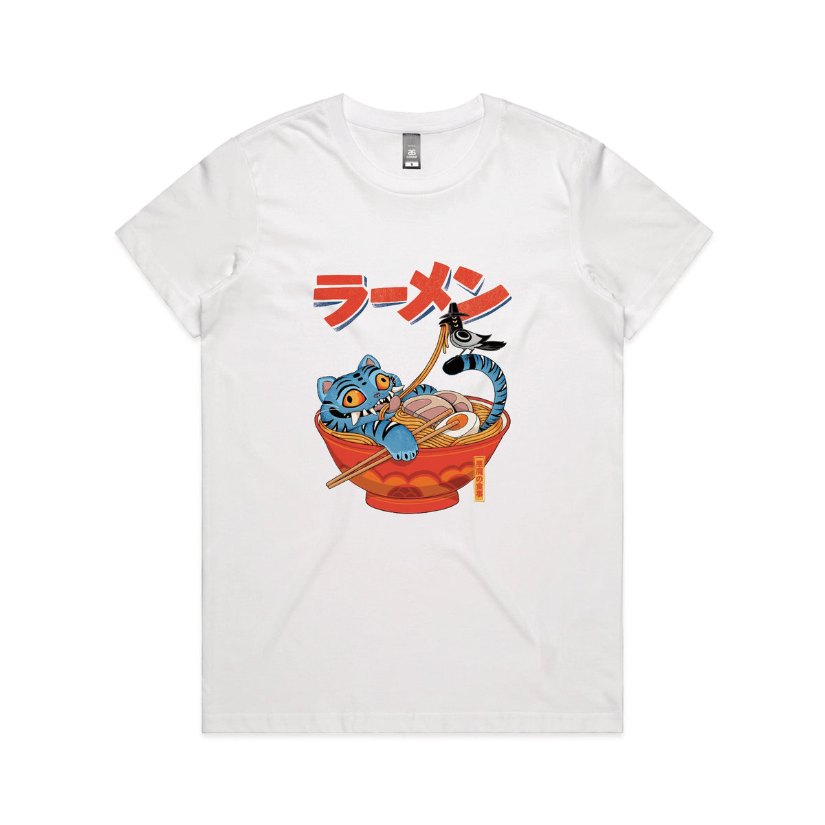 White fitted womens t-shirt with Derpy Ramen graphic by Lonely Kids Club