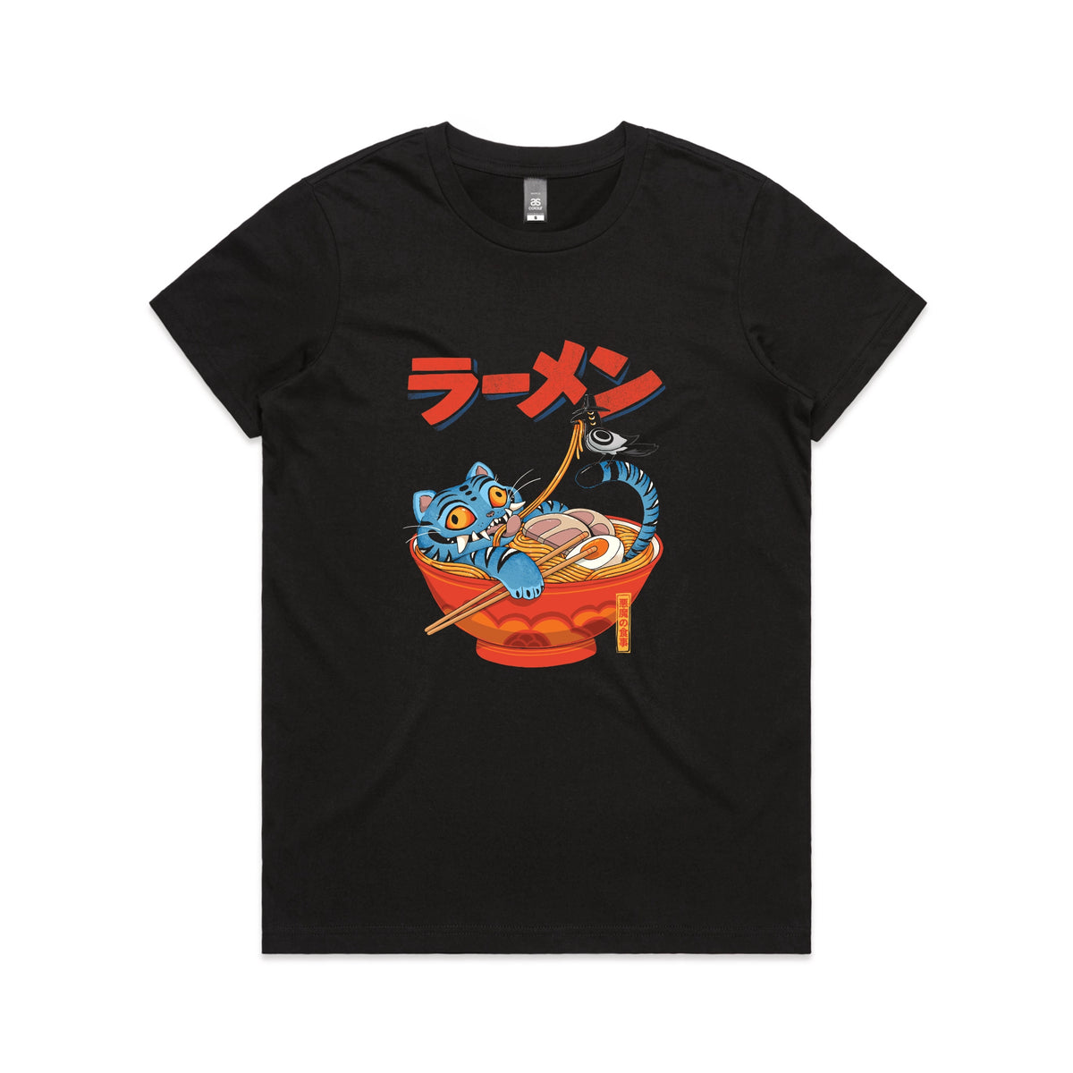 Black fitted womens t-shirt with Derpy Ramen graphic by Lonely Kids Club