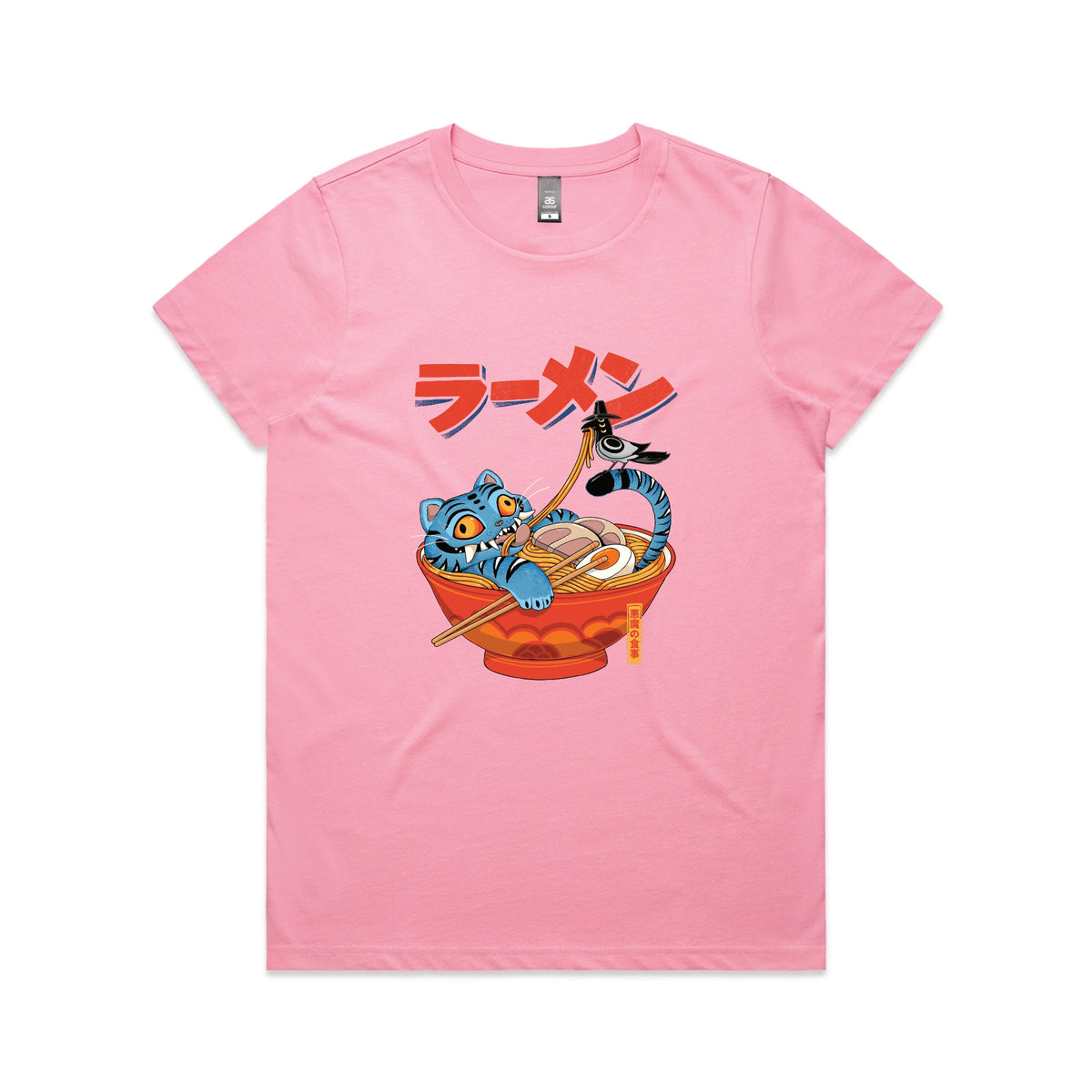 Bubblegum fitted womens t-shirt with Derpy Ramen graphic by Lonely Kids Club