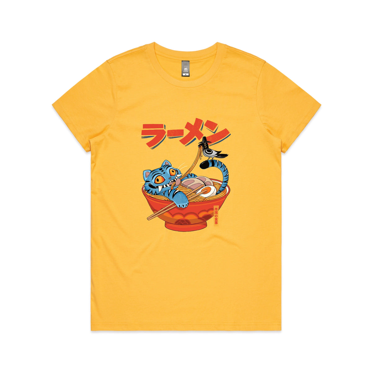Yellow fitted womens t-shirt with Derpy Ramen graphic by Lonely Kids Club