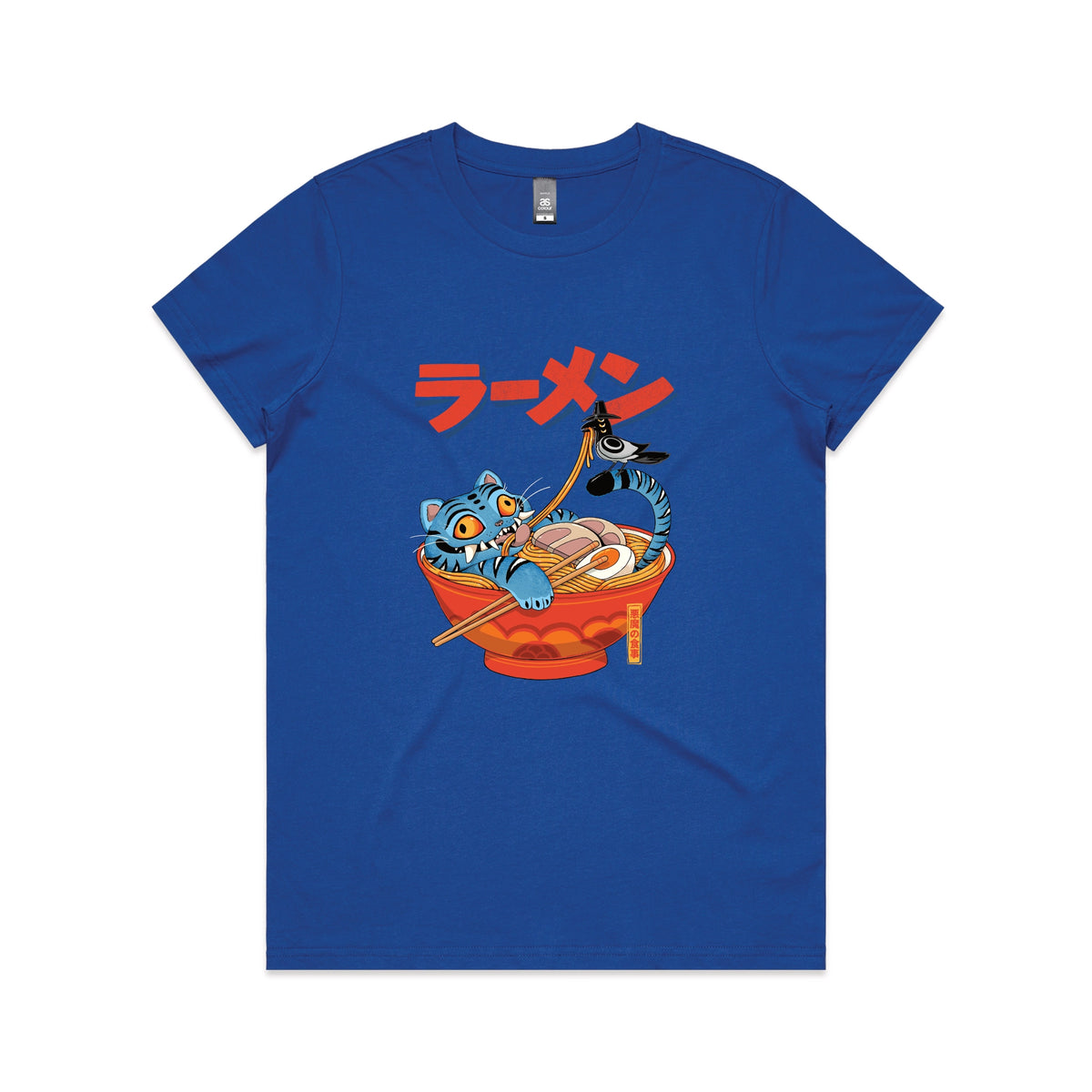 Royal Blue fitted womens t-shirt with Derpy Ramen graphic by Lonely Kids Club