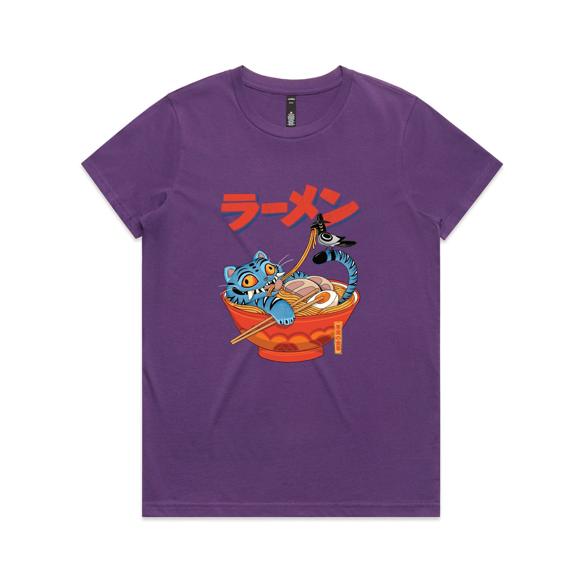 Purple fitted womens t-shirt with Derpy Ramen graphic by Lonely Kids Club