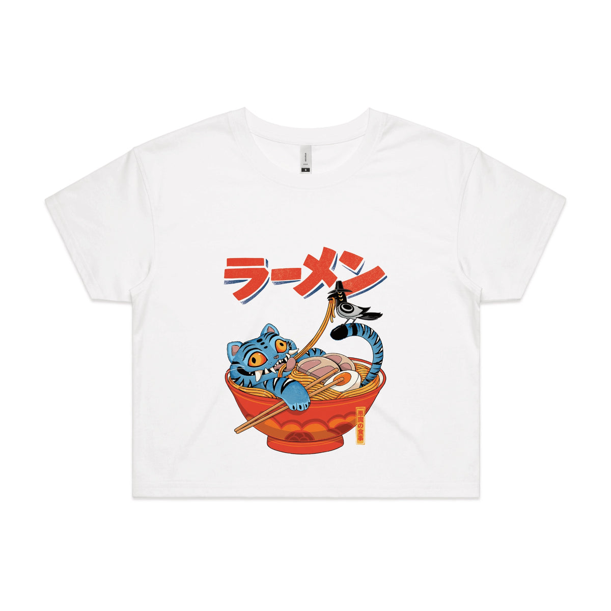 White crop top with Derpy Ramen graphic by Lonely Kids Club
