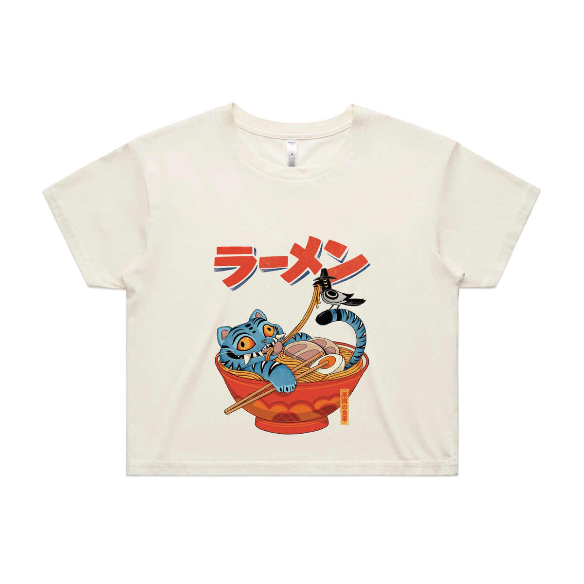 Ecru crop top with Derpy Ramen graphic by Lonely Kids Club