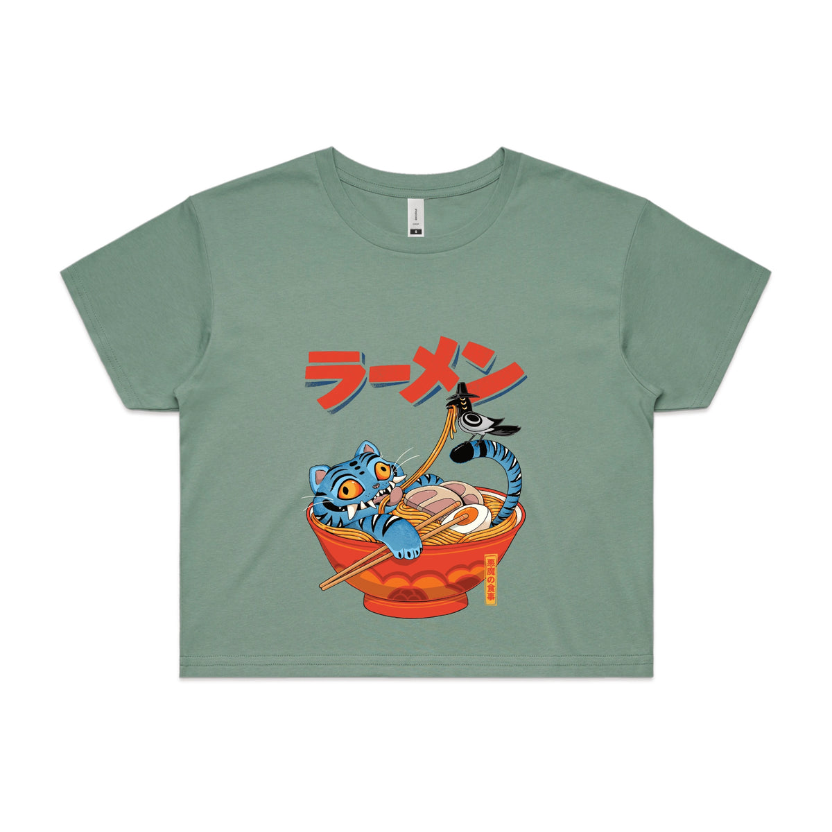 Sage crop top with Derpy Ramen graphic by Lonely Kids Club