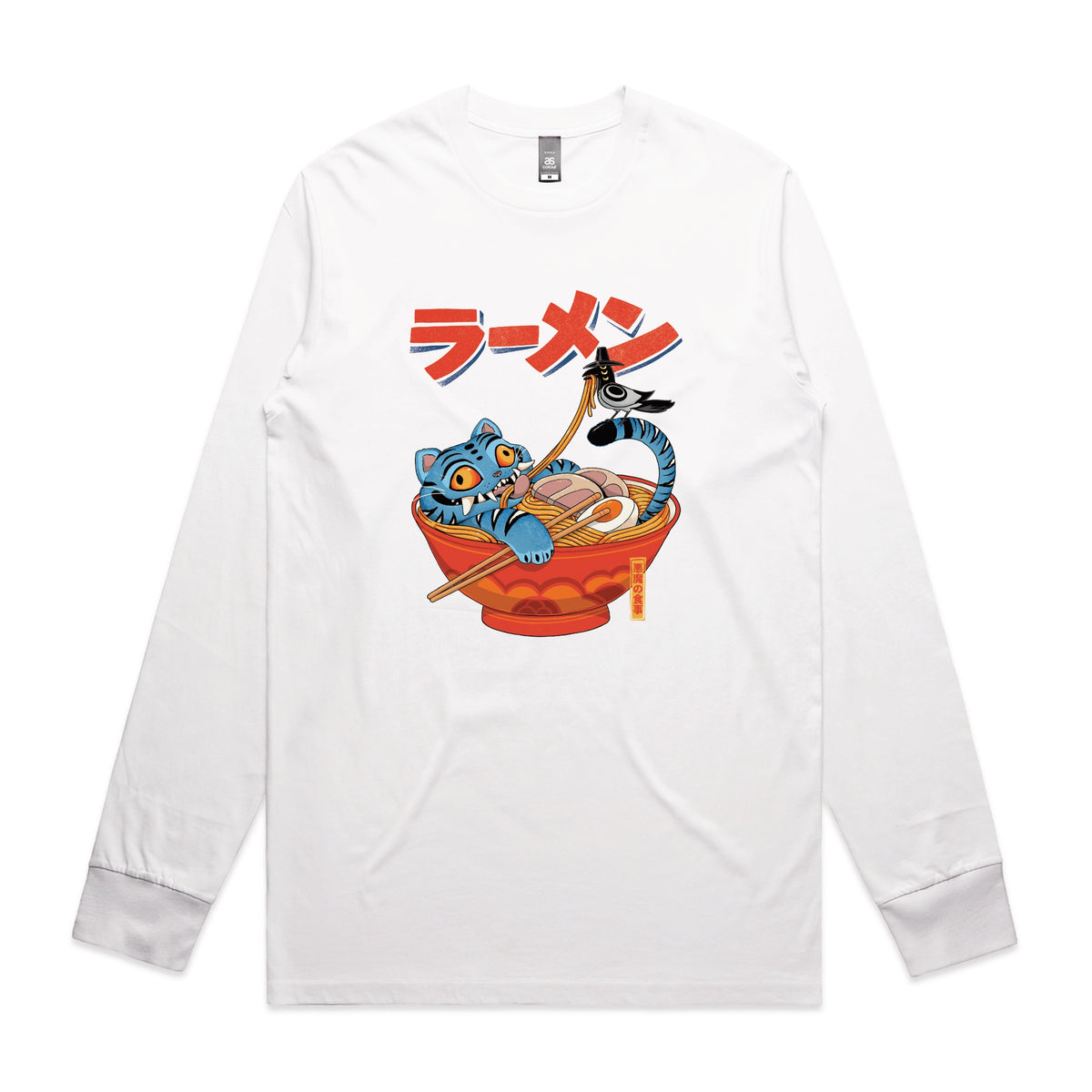 White long sleeve t-shirt with Derpy Ramen graphic by Lonely Kids Club
