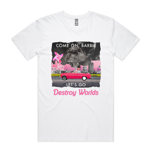 Let's Destroy Worlds Tee by Lonely Kids Club. All clothing from our T-shirts to our shorts and hoodies are ethically made, and printed packed and shipped from Sydney.