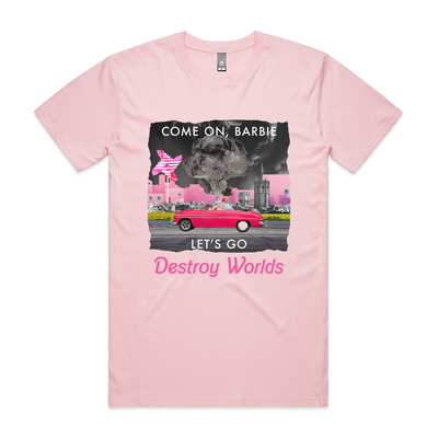 Let's Destroy Worlds Tee by Lonely Kids Club. All clothing from our T-shirts to our shorts and hoodies are ethically made, and printed packed and shipped from Sydney.
