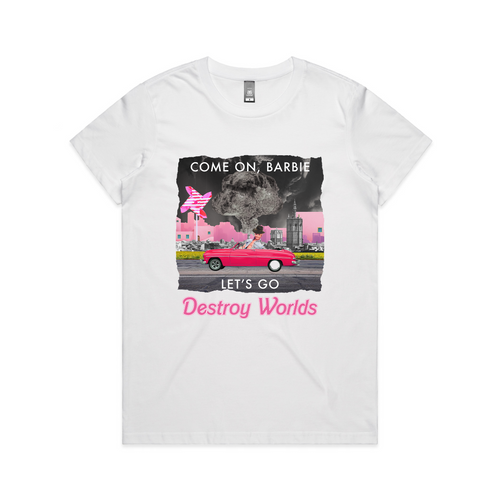 Let's Destroy Worlds Tee by Lonely Kids Club. All clothing from our T-shirts to our shorts and hoodies are ethically made, and printed packed and shipped from Sydney.