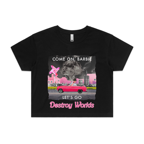 Let's Destroy Worlds Tee by Lonely Kids Club. All clothing from our T-shirts to our shorts and hoodies are ethically made, and printed packed and shipped from Sydney.
