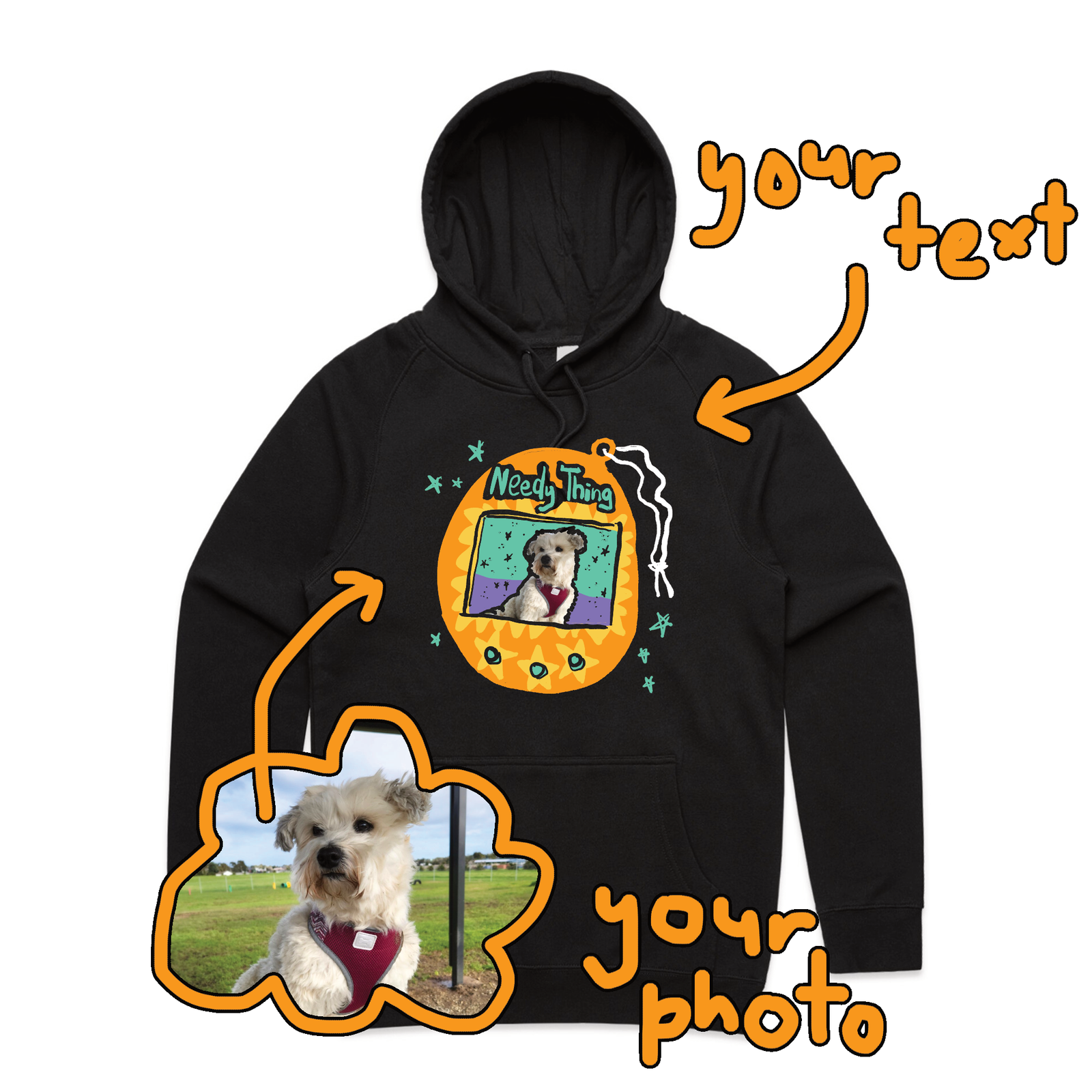 Black regular hoodie with Custom Digipet Hoodie graphic by Lonely Kids Club