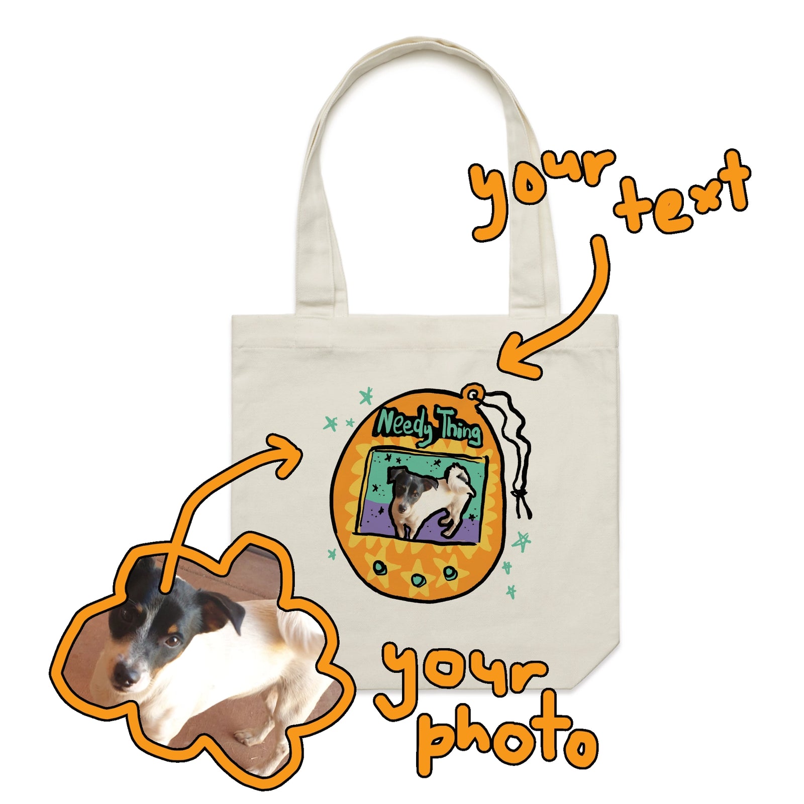 Cream carrie tote with Custom Digipet Tote graphic by Lonely Kids Club