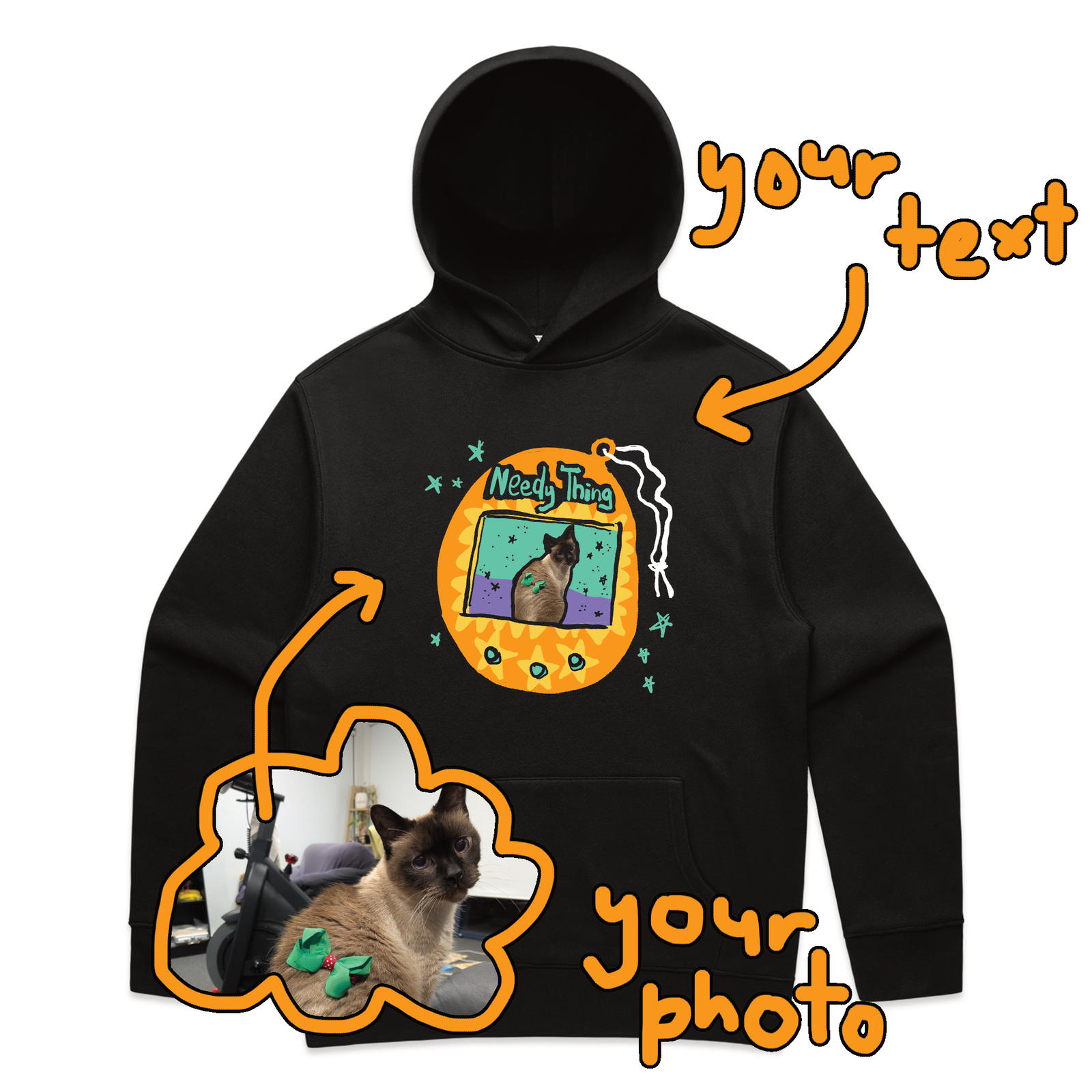 Black oversized hoodie with Custom Digipet Hoodie graphic by Lonely Kids Club
