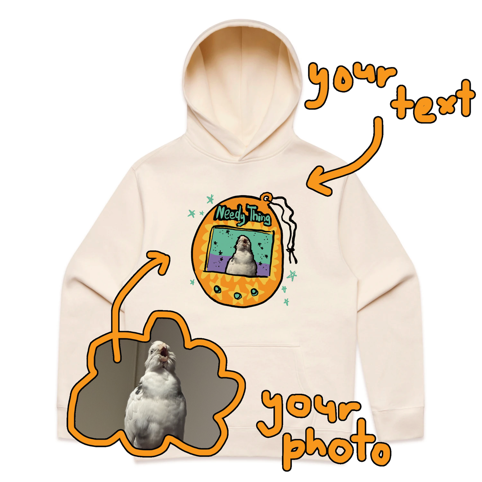 Ecru oversized hoodie with Custom Digipet Hoodie graphic by Lonely Kids Club
